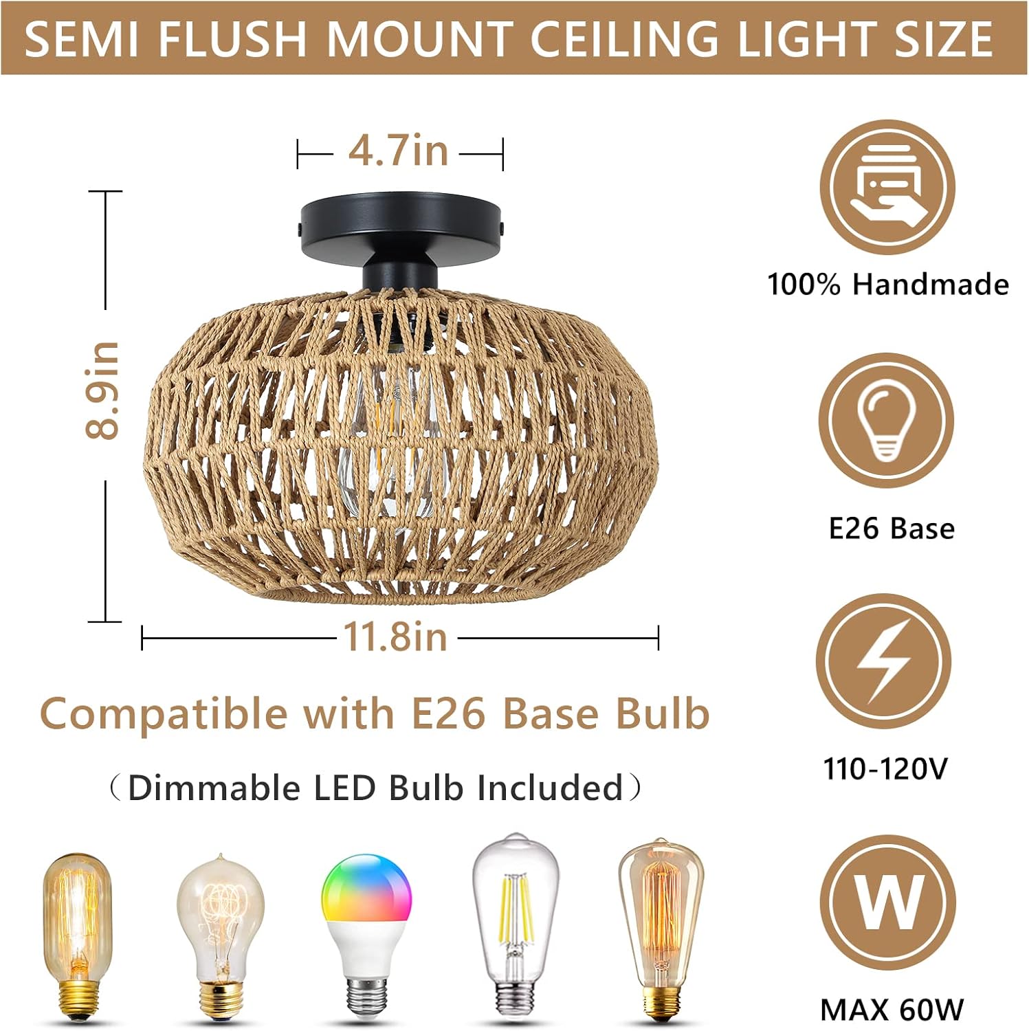 Rattan Light Fixtures Ceiling Mount,Boho Ceiling Light Fixture with Dimmable LED Bulb Mini Hand Woven Rattan - Korvel