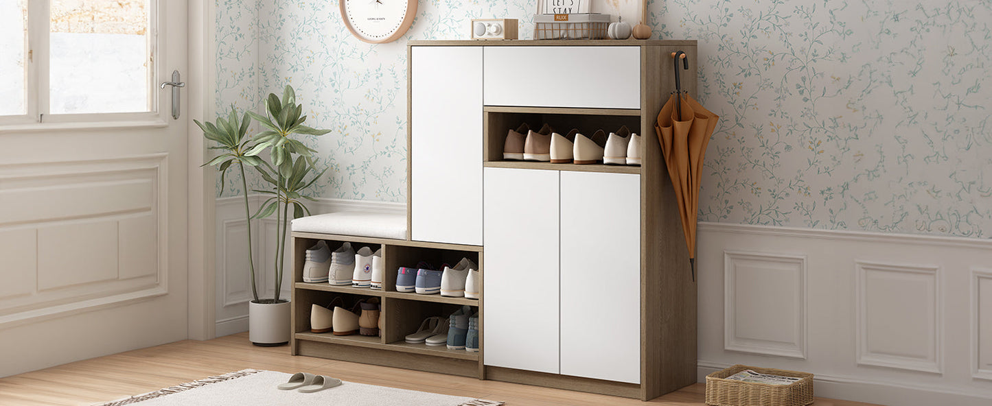 ON-TRANS 2-in-1 shoe storage platform and shoe cabinet, with soft cushioned seats and adjustable shelves, white - Korvel