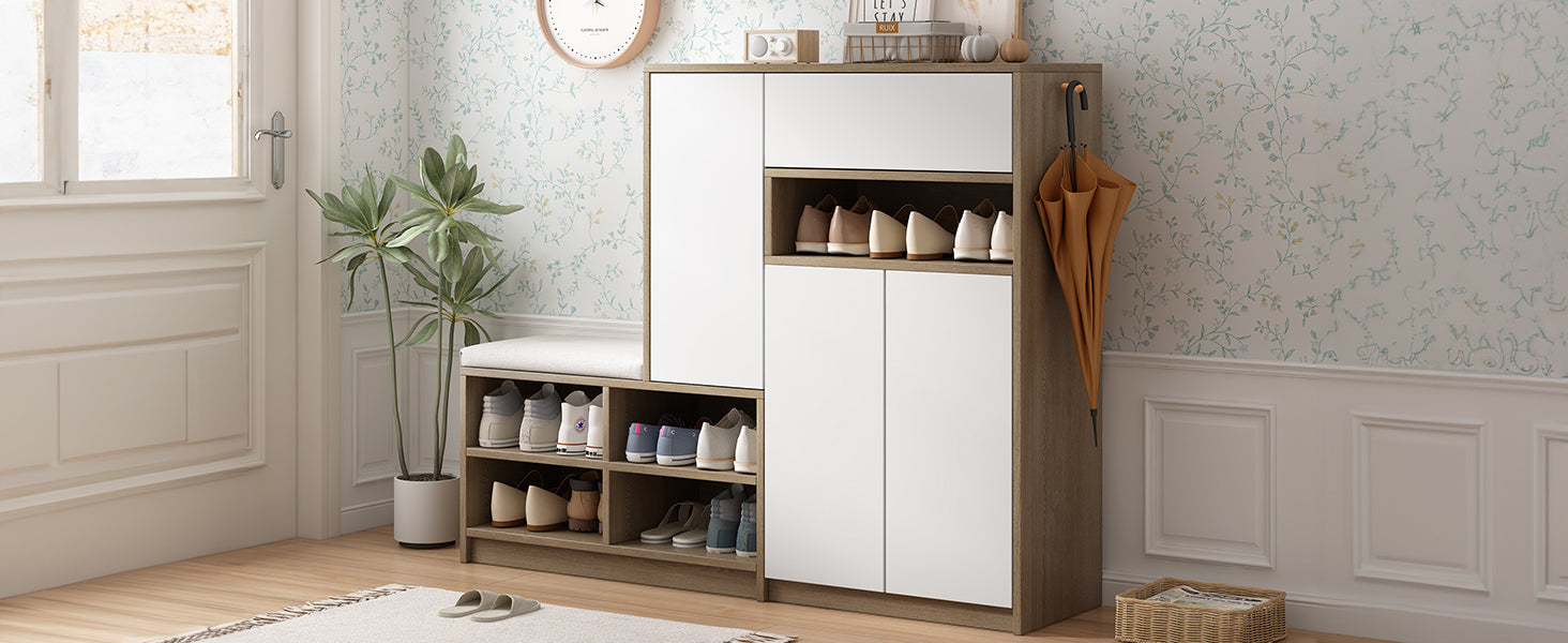 ON-TRANS 2-in-1 shoe storage platform and shoe cabinet, with soft cushioned seats and adjustable shelves, white - Korvel
