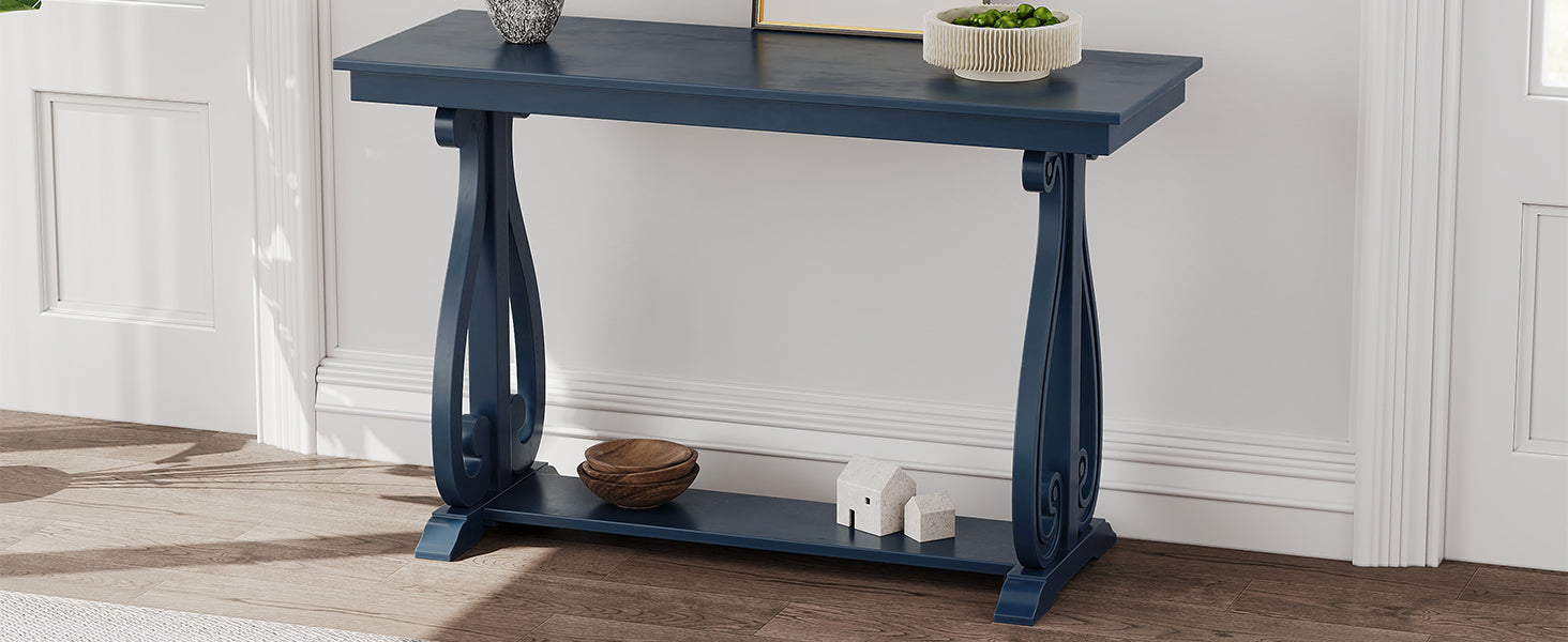 48-Inch Rustic Vintage Console Table --- Farmhouse Style Entryway Table with Open Shelf and Sturdy Construction (Navy) - Korvel
