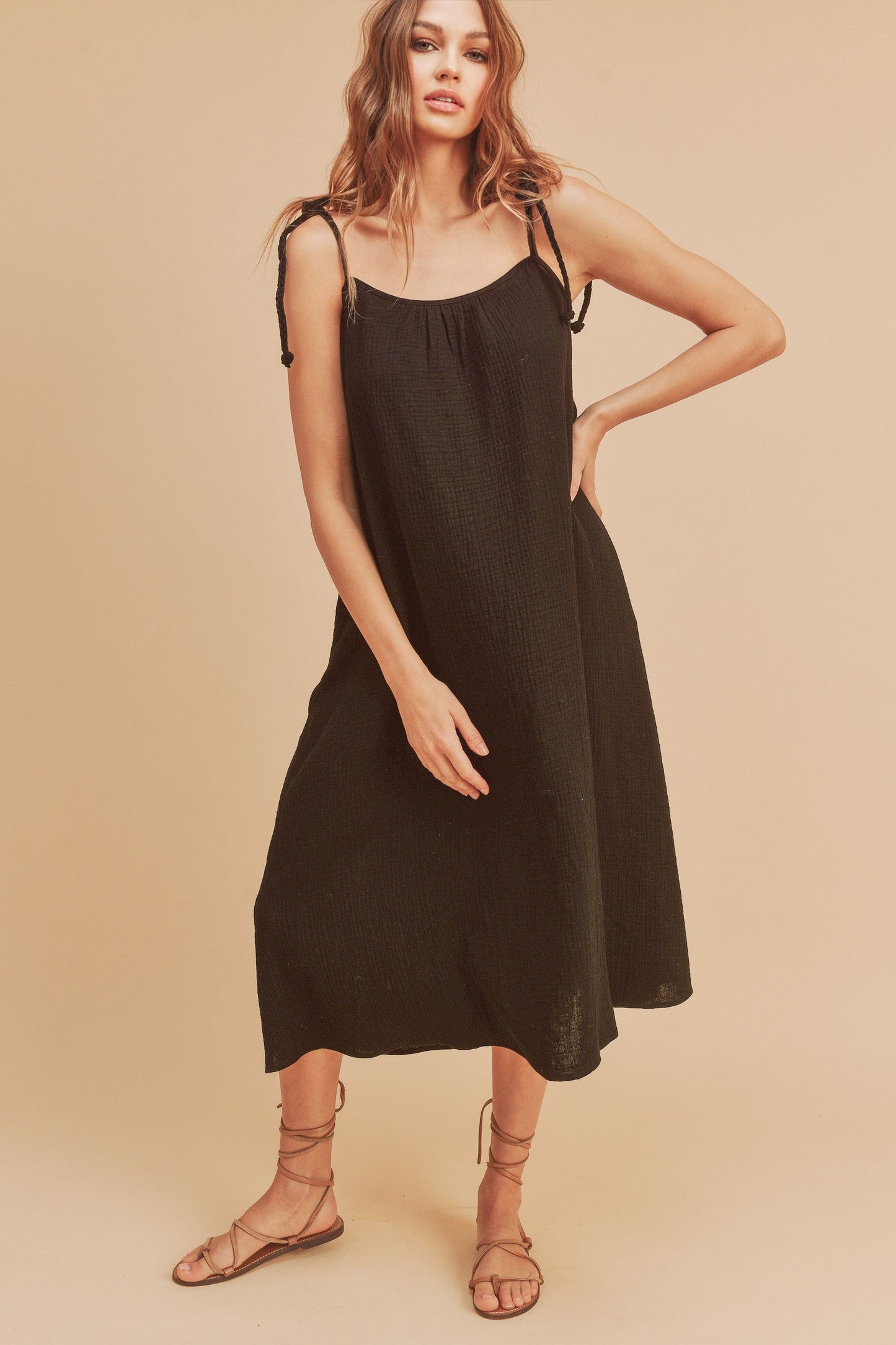Summer Midi Cami Dress with Braided Tie Shoulders & Pockets