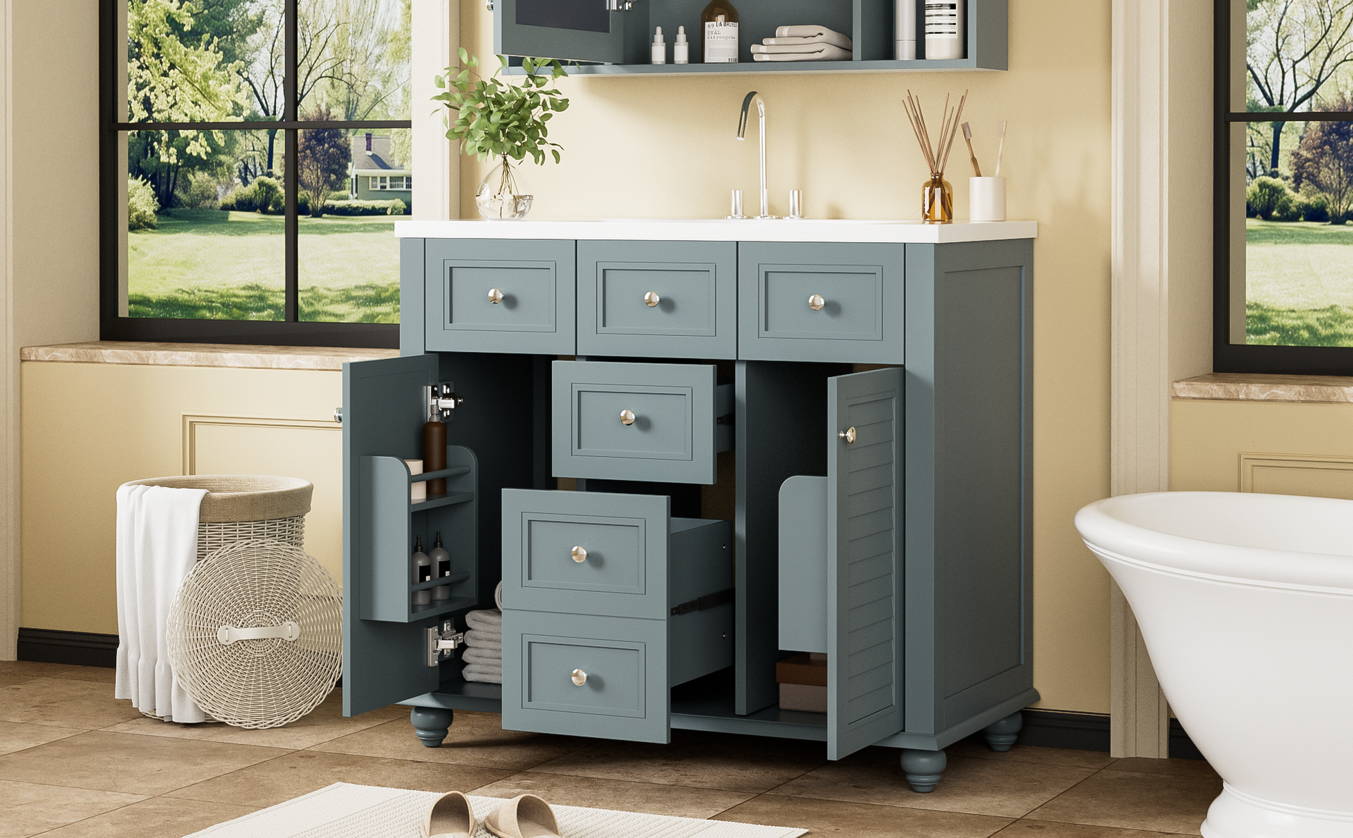 36 "bathroom makeup cabinet with resin sink combination and 2 drawers, with soft closing door, blue color - Korvel