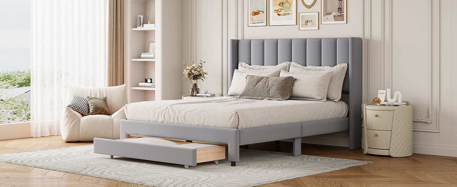 Full Size Storage Bed Velvet Upholstered Platform Bed with a Big Drawer - Gray - Korvel