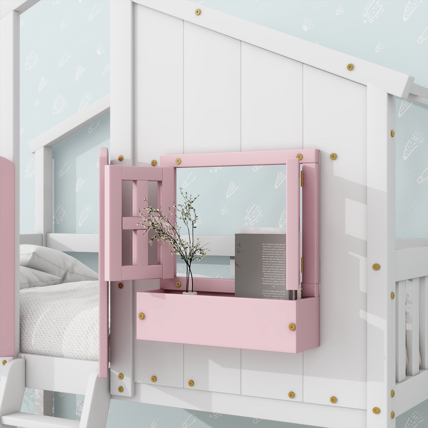 Twin over Twin House Bunk Bed with Roof , Window, Window Box, Door , with Safety Guardrails and Ladder, Pink/White - Korvel