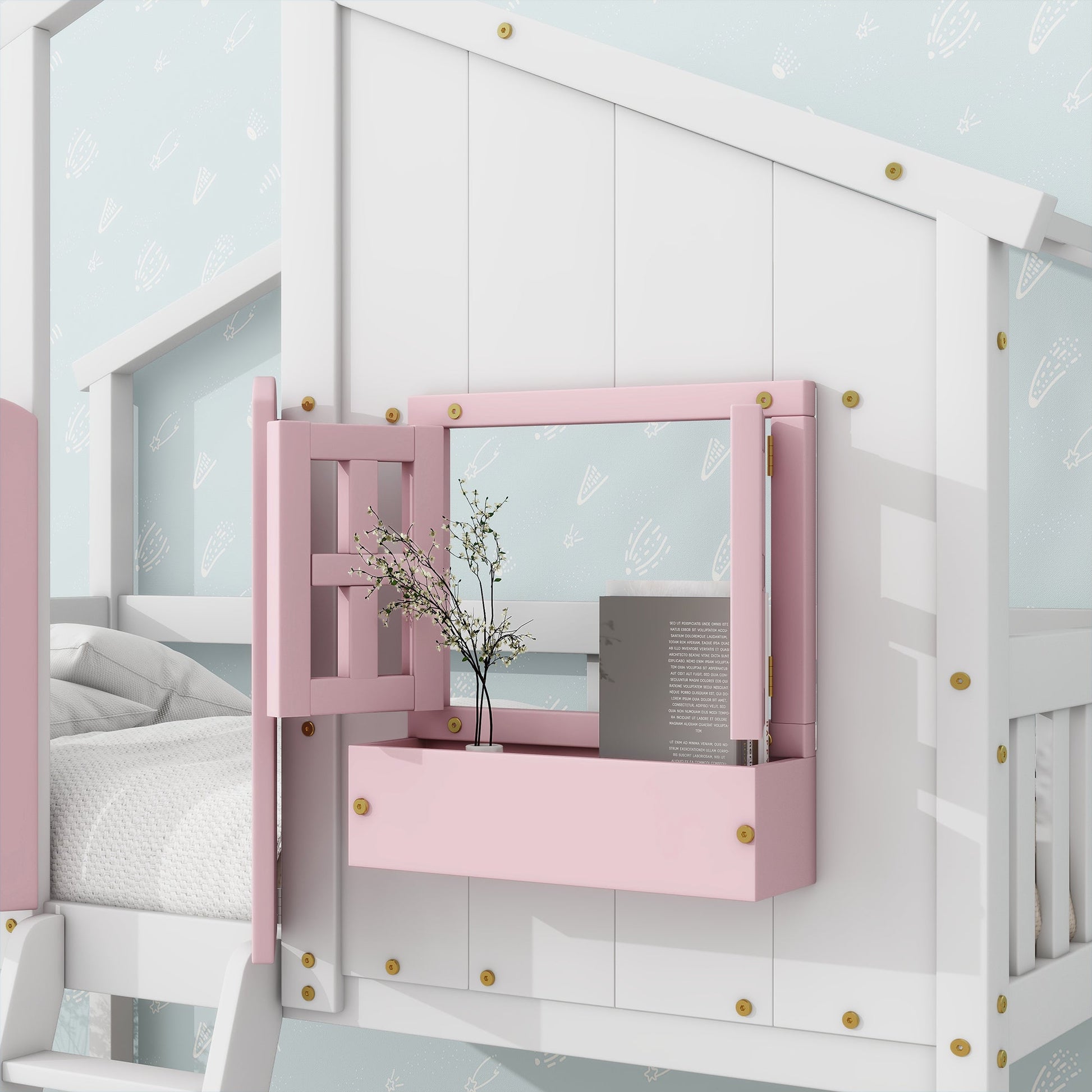 Twin over Twin House Bunk Bed with Roof , Window, Window Box, Door , with Safety Guardrails and Ladder, Pink/White - Korvel