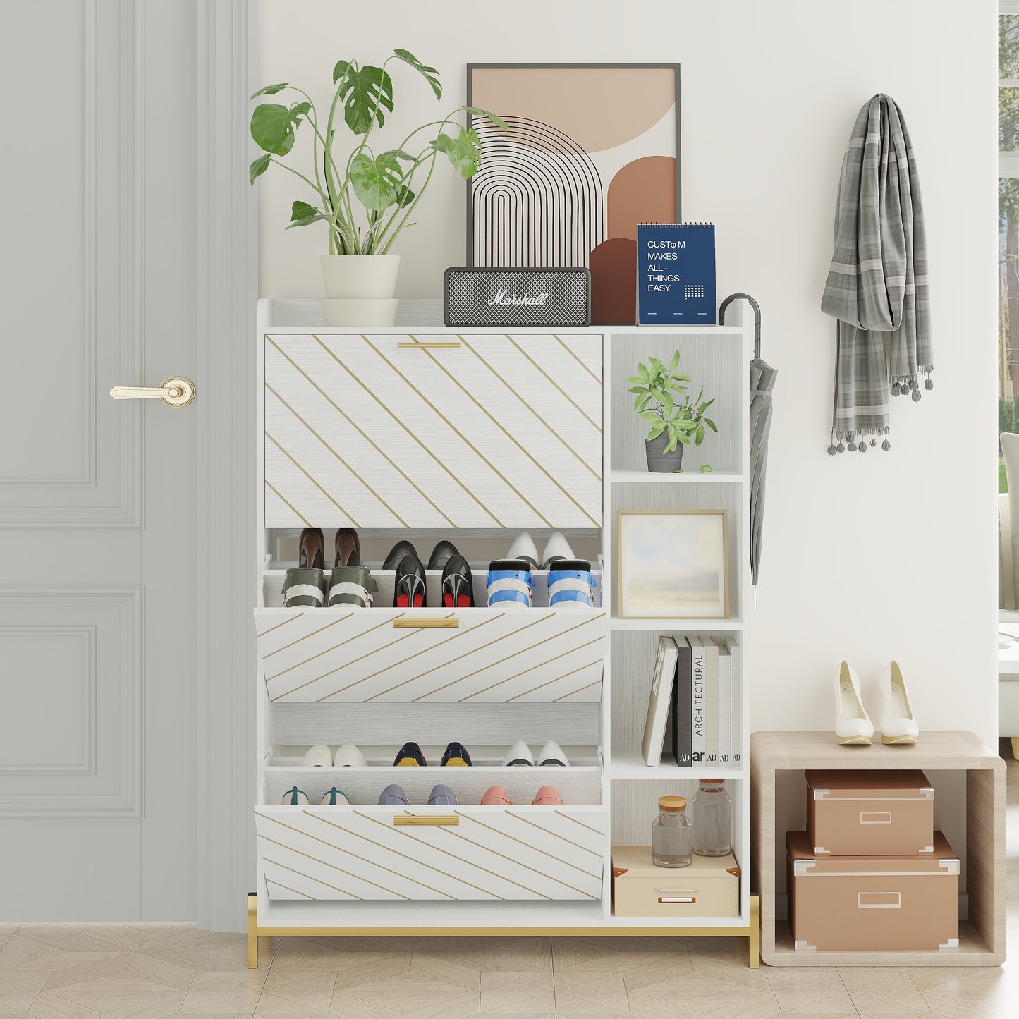 Shoe Cabinet with 3 Flip Drawers & Open Shelves, Modern Entryway Shoe Storage Cabinet Slim, Narrow Hidden Shoe Rack for Heels - Korvel