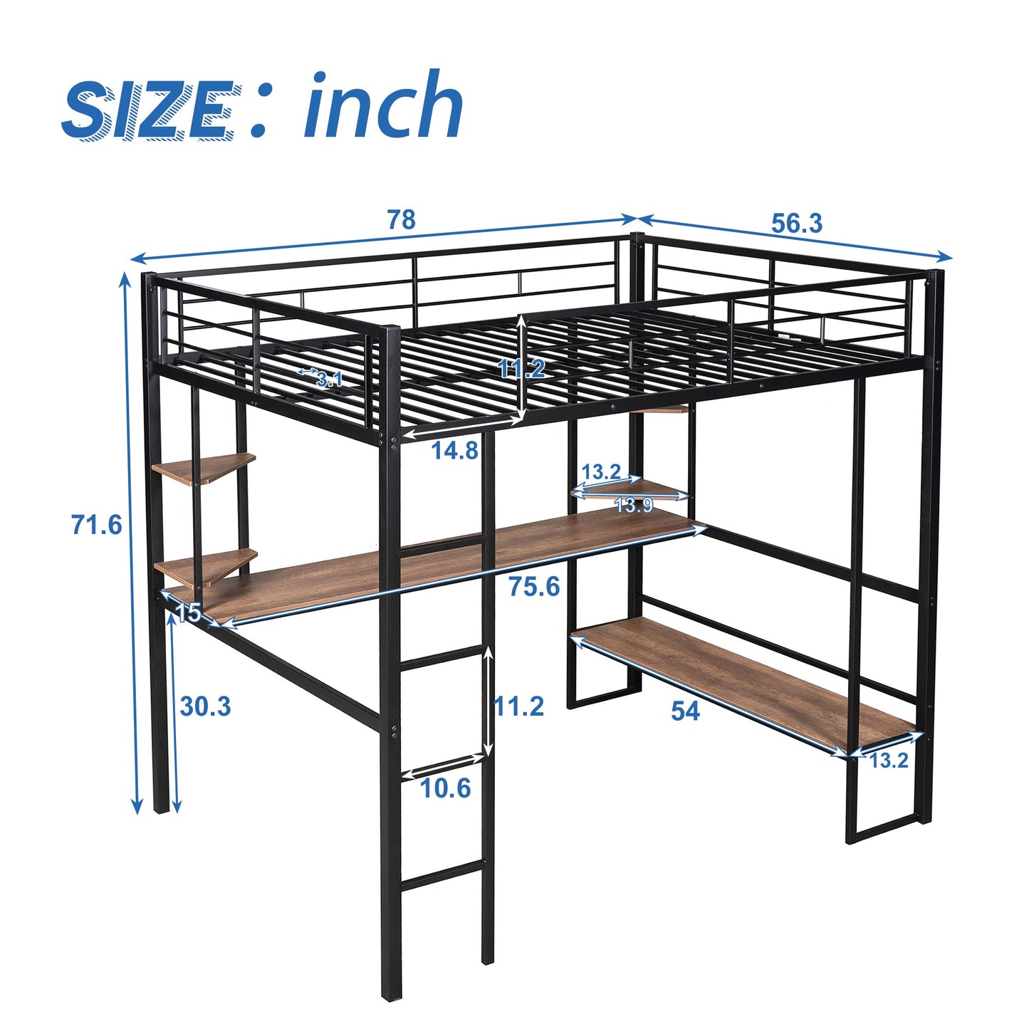 Full Size Loft Metal&MDF Bed with Long Desk and Shelves Black - Korvel