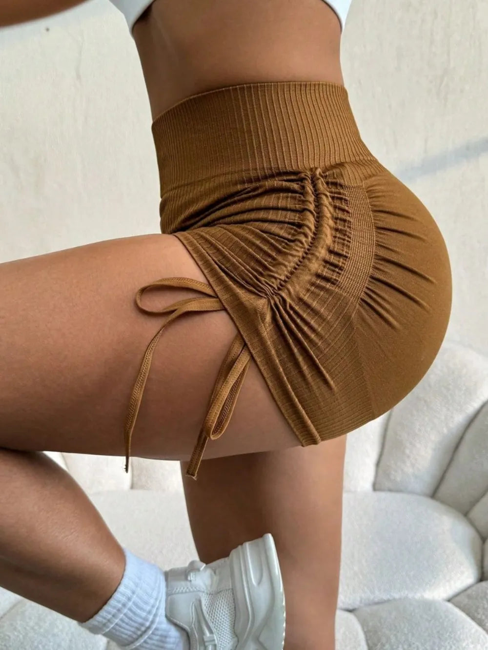 Pantalones Cortos Activos de Cintura Alta con Cordón