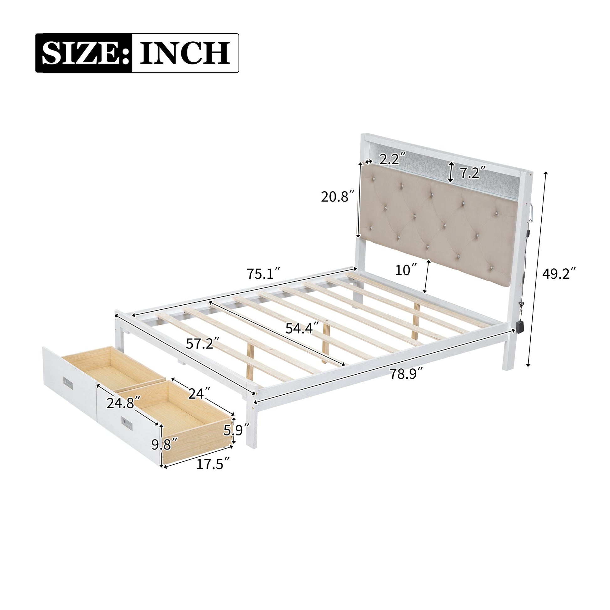 Wood Full Size Platform Bed with Upholstered Headboard and LED and 2 Drawers, Antique White - Korvel