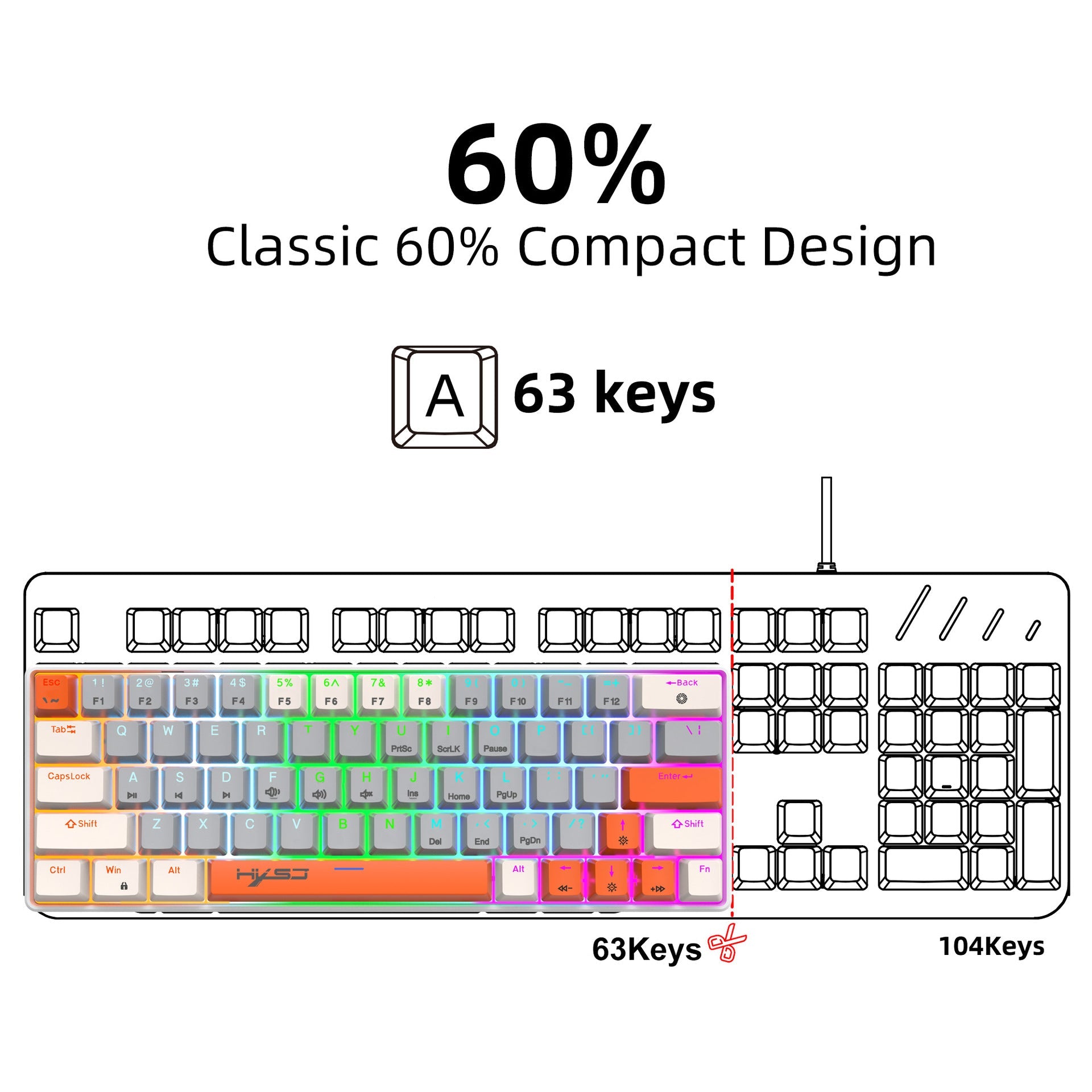 63 key portable 60% mechanical gaming keyboard RGB backlit compact mini gaming keyboard - Korvel