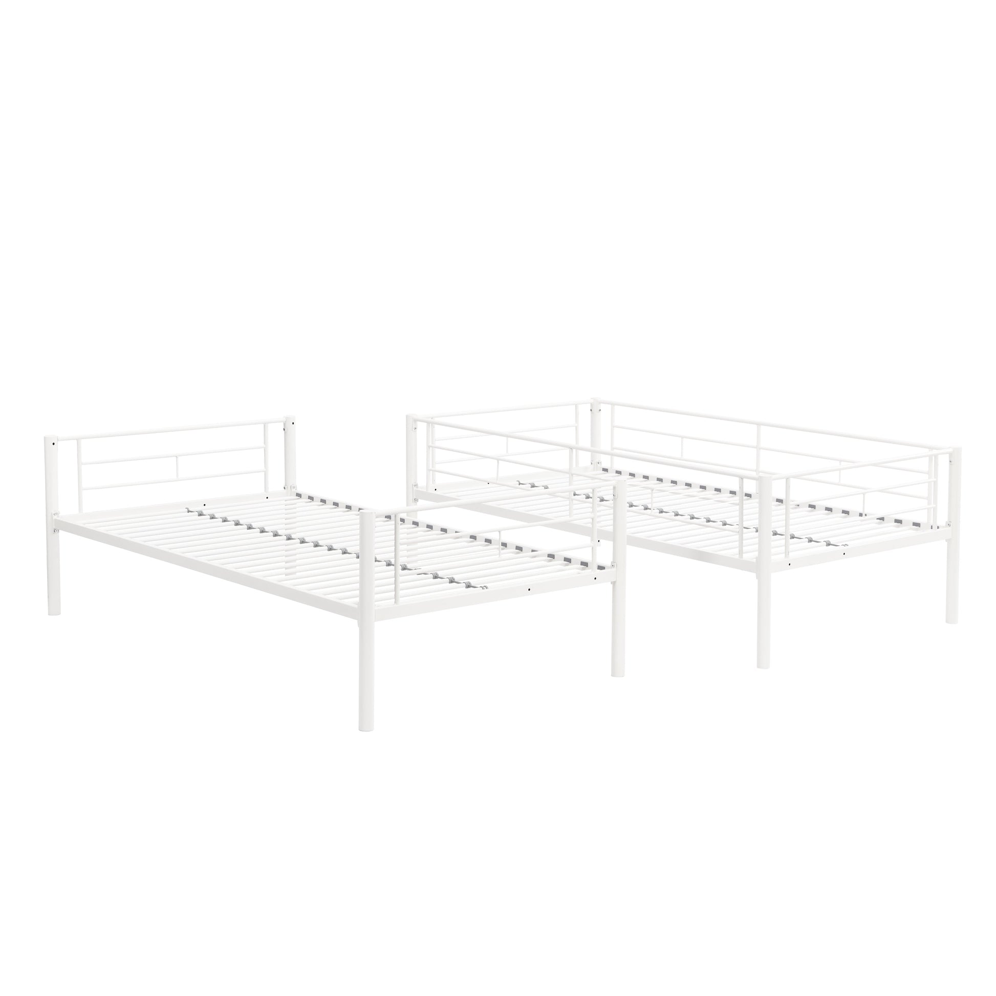 Twin metal bunk beds, metal structure bed frame with safety guardrails and 2 ladders, convertible bunk beds, white - Korvel