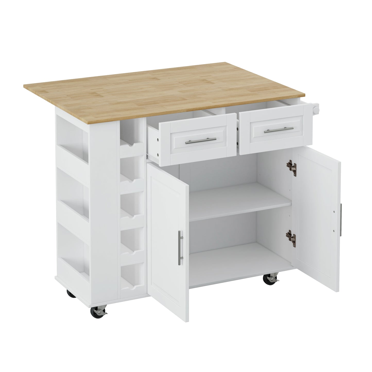 Multi-Functional Kitchen Island Cart with 2 Door Cabinet and Two Drawers,Spice Rack, Towel Holder, Wine Rack, and Foldable Rubberwood Table Top (White) - Korvel