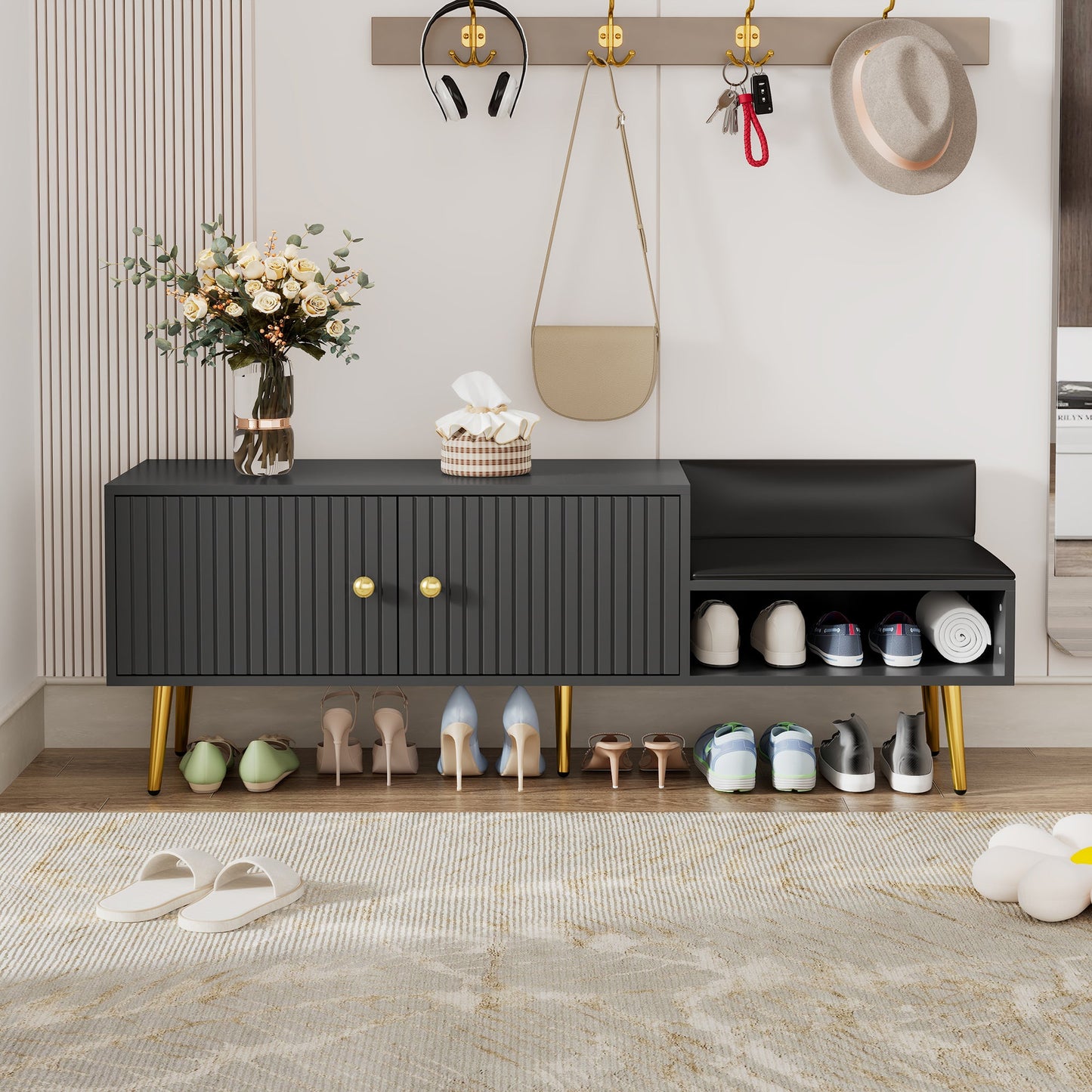 Modern Shoe Storage Bench with Hidden Storage and Upholstered Cushions for Bedside, Living Room and Entryway (Gray) - Korvel