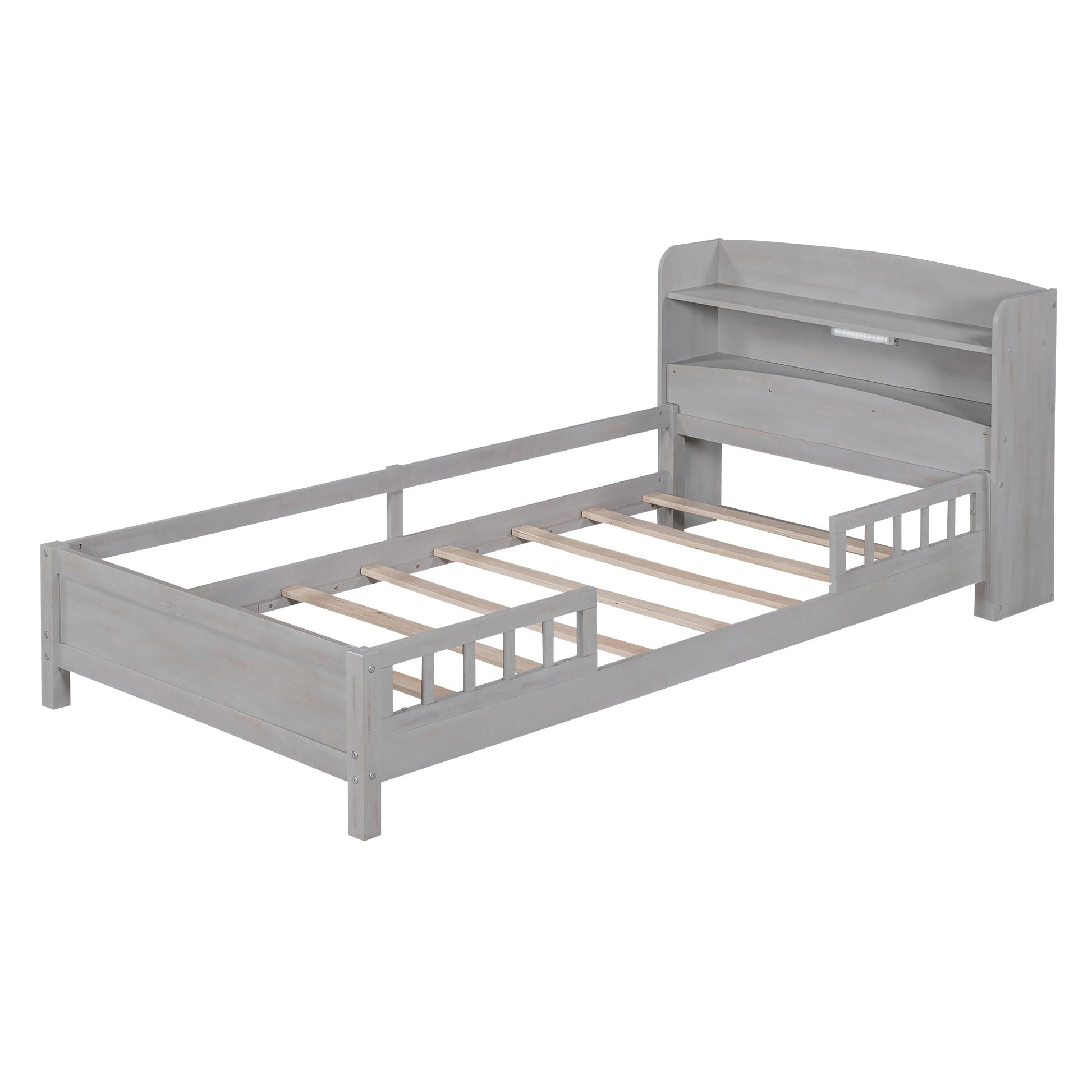 Wood Twin Size Platform Bed with Built-in LED Light  Storage Headboard and Guardrail Antique Grey - Korvel