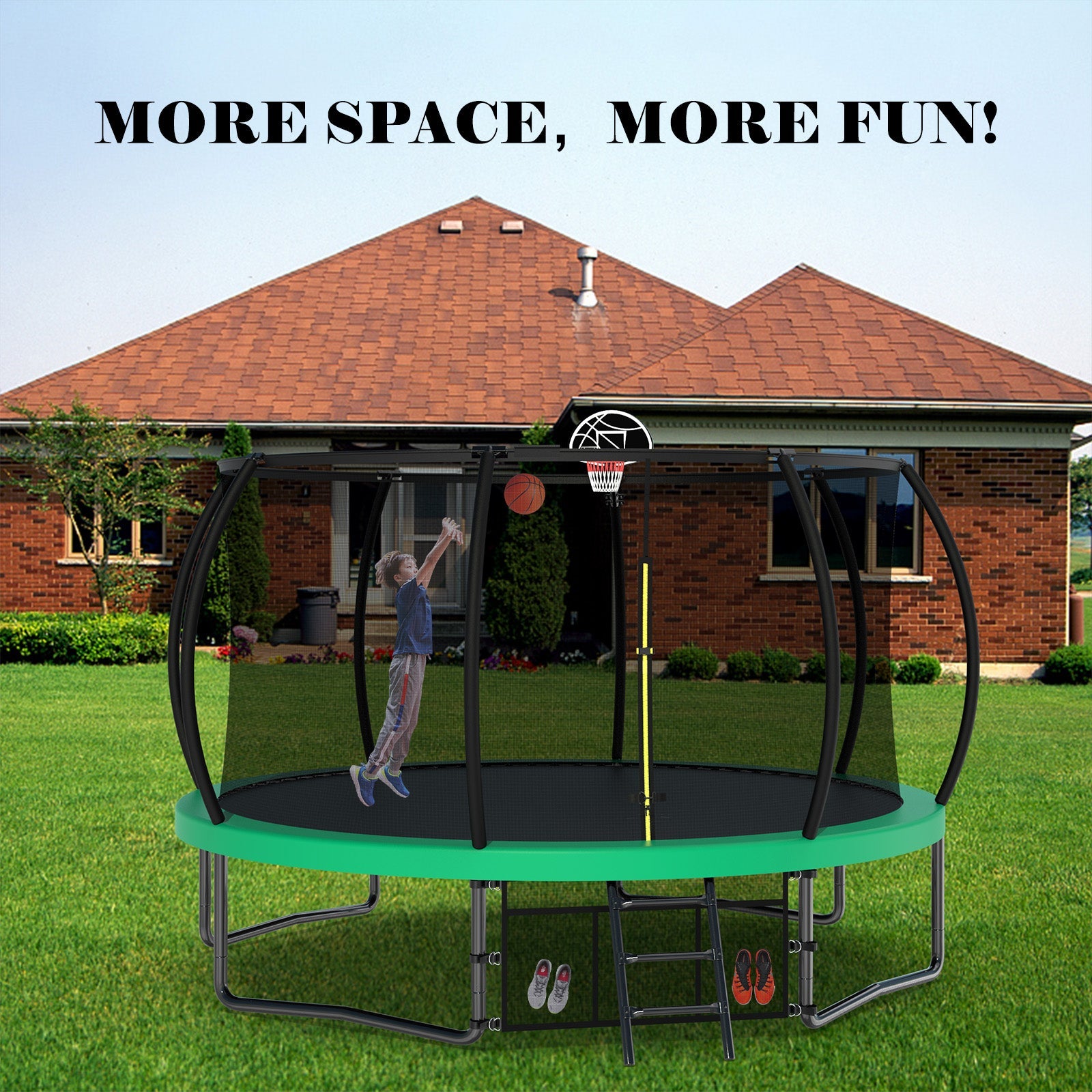12FT Recreational Kids Trampoline with Safety Enclosure Net & Ladder, Outdoor Recreational Trampolines - Korvel
