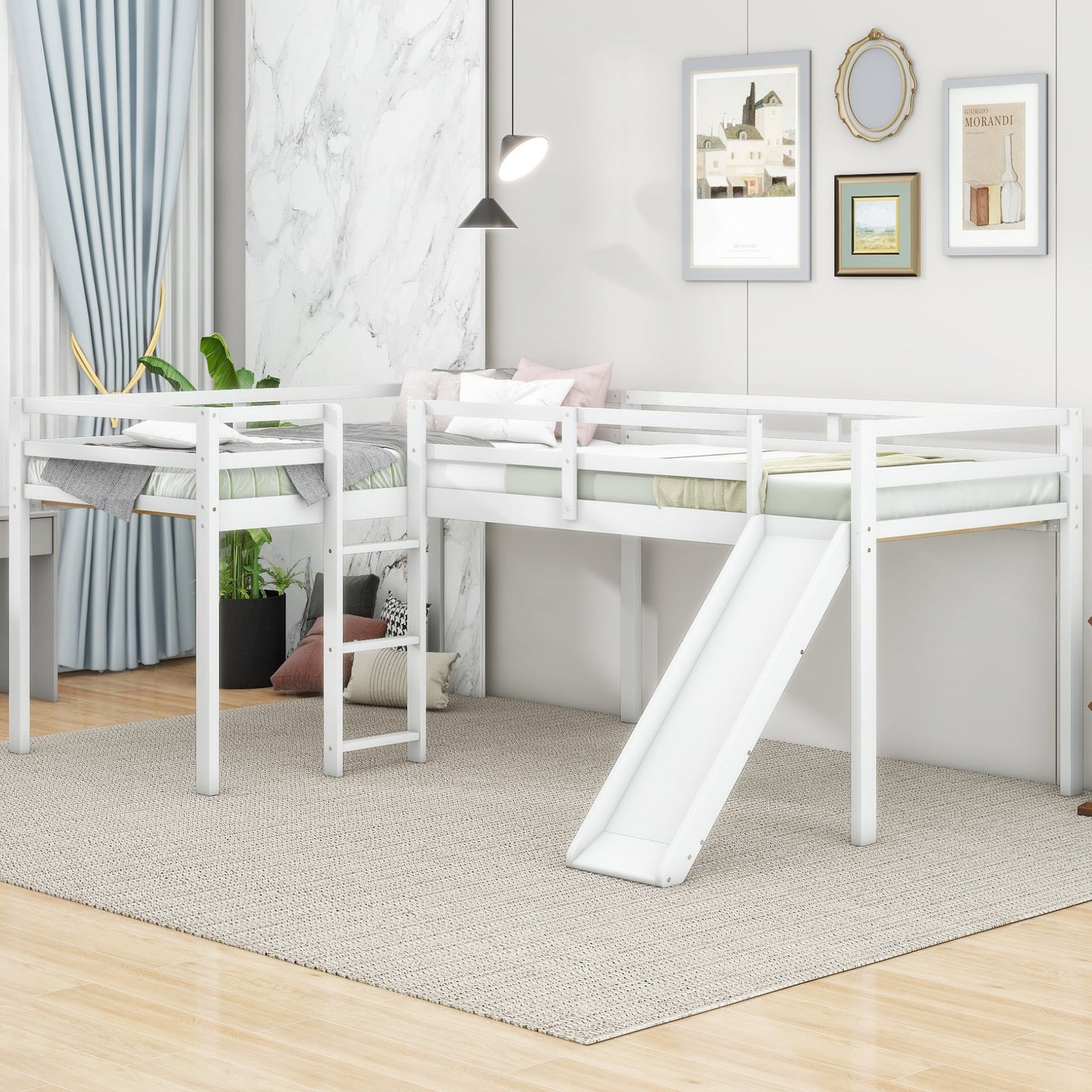 Lit mezzanine en forme de L pour enfant avec échelle et toboggan - Blanc