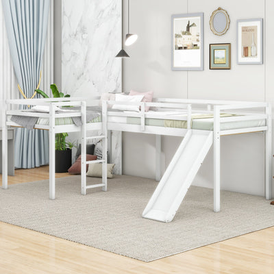 L-Shaped Twin Size Loft Bed with Ladder and Slide - White