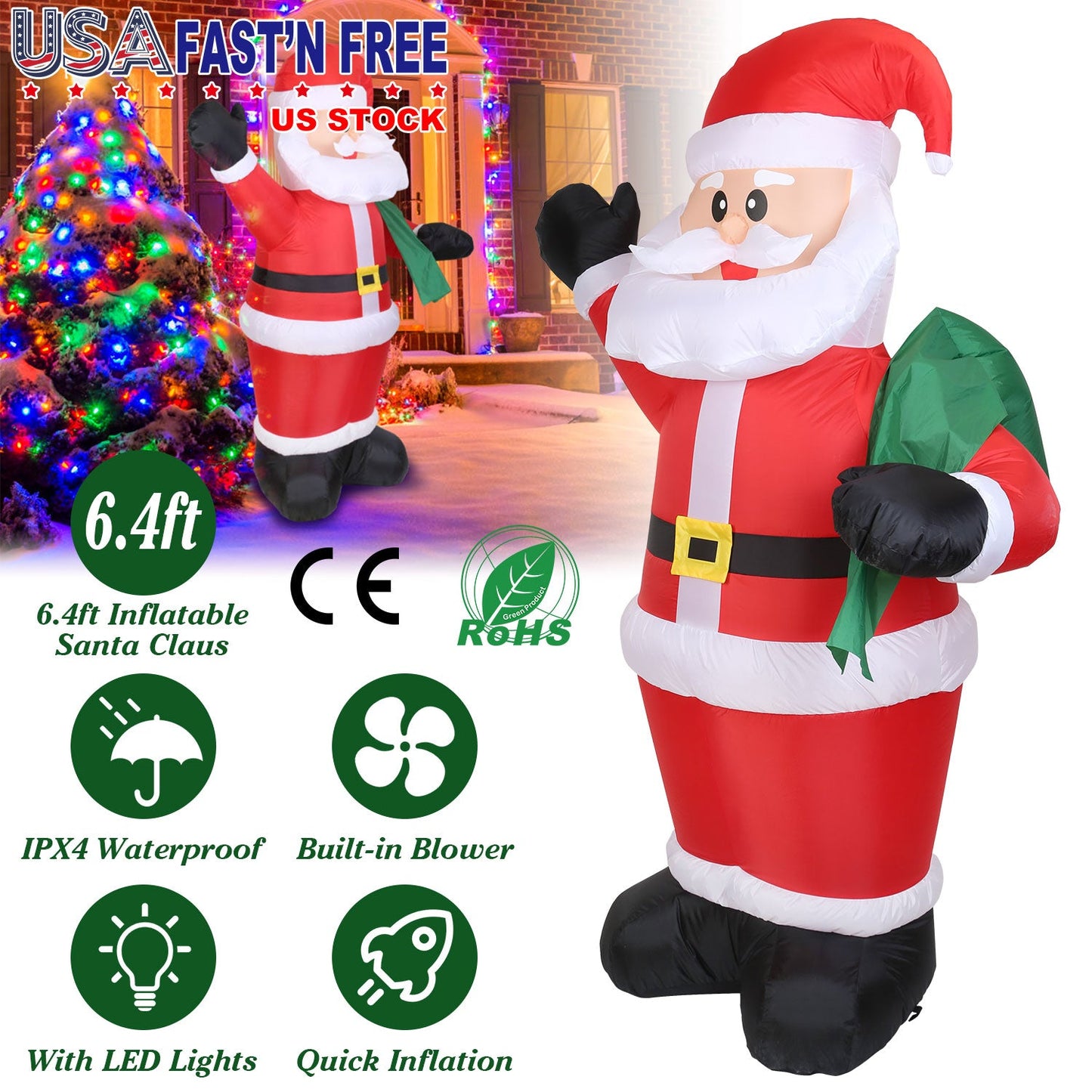 Santas géant gonflable de 1,95 m avec lumières LED