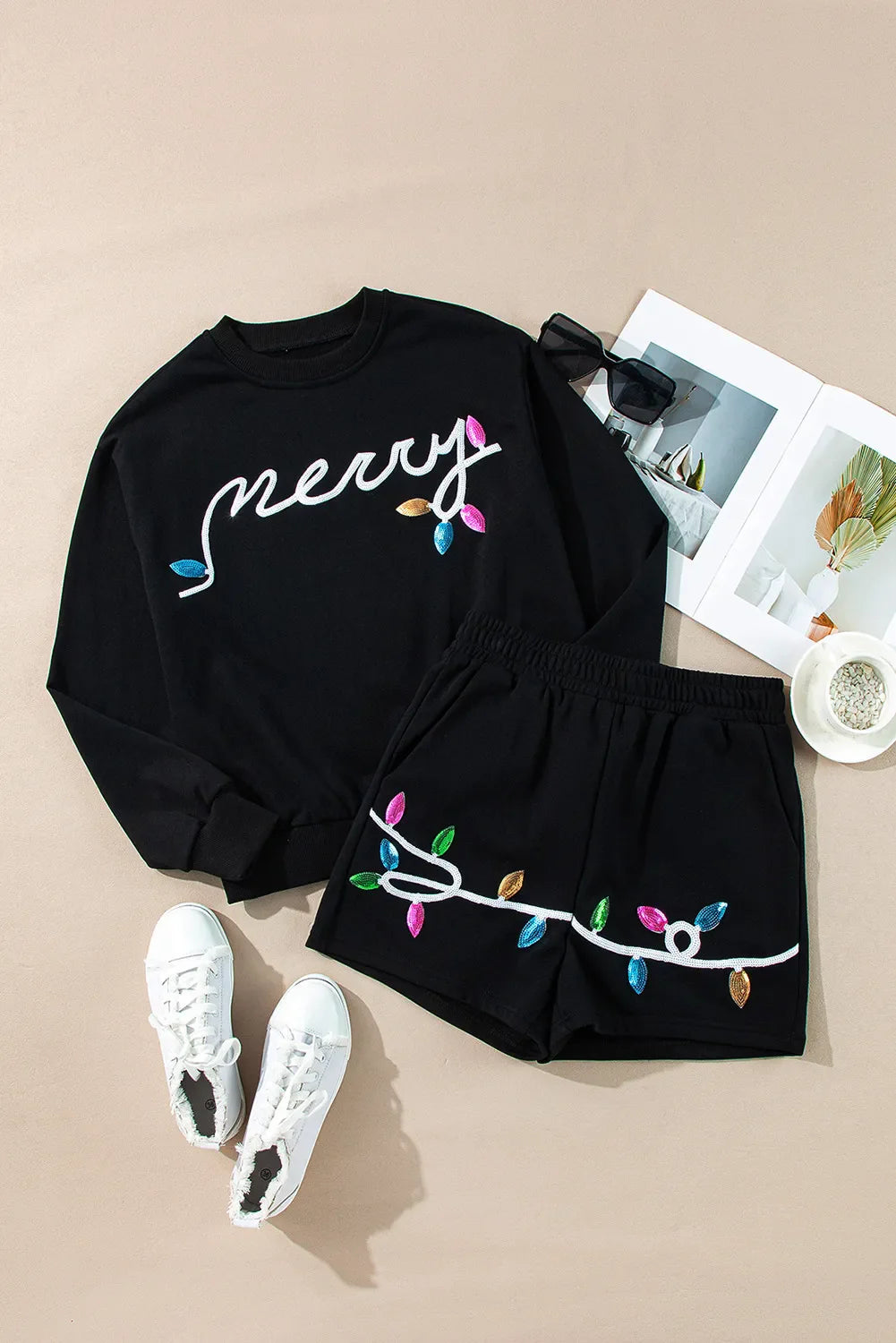 Conjunto de Top de Manga Larga con Cuello Redondo y Pantalones Cortos MERRY con Lentejuelas