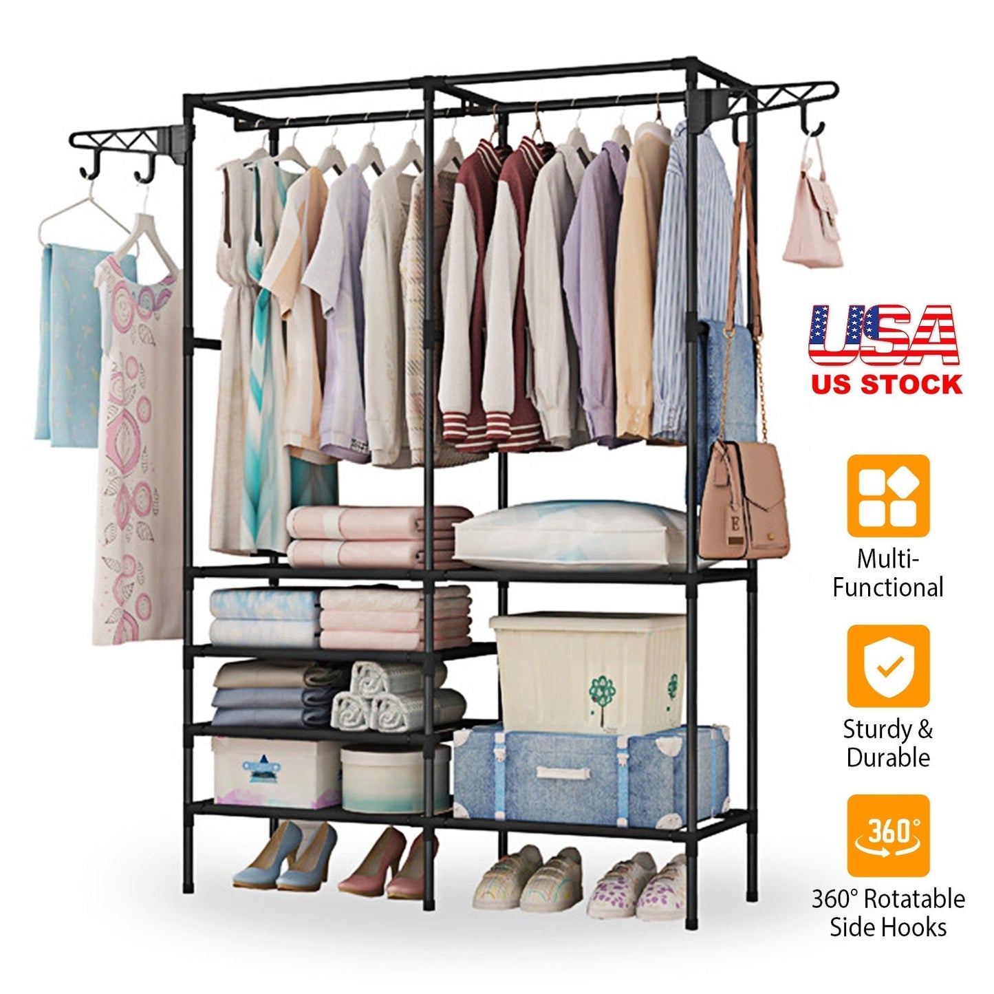 Freestanding Metal Garment Rack with Shelves and Hooks