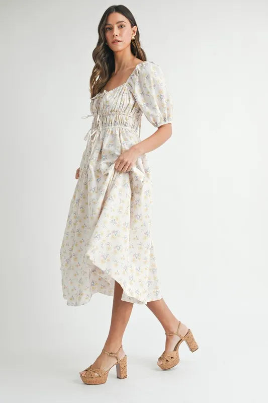 Floral Drawstring Detail Puff Sleeve Midi Dress
