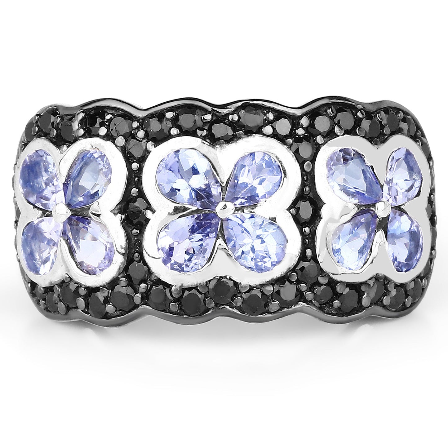 14K Yellow Gold Plated Tanzanite & Black Spinel Floral Ring