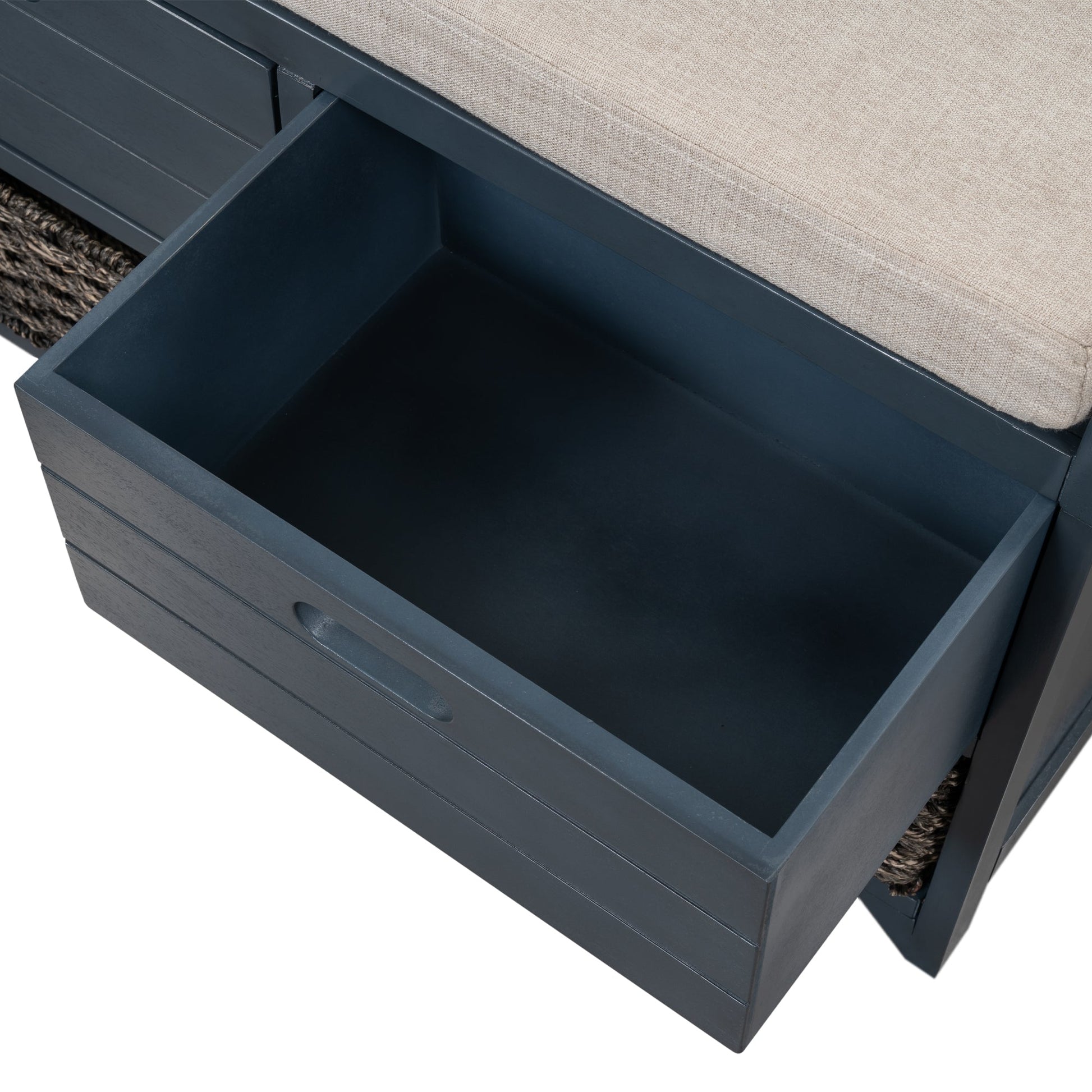 TREXM Storage Bench with Removable Basket and 2 Drawers, Fully Assembled Shoe Bench with Removable Cushion (Navy) - Korvel