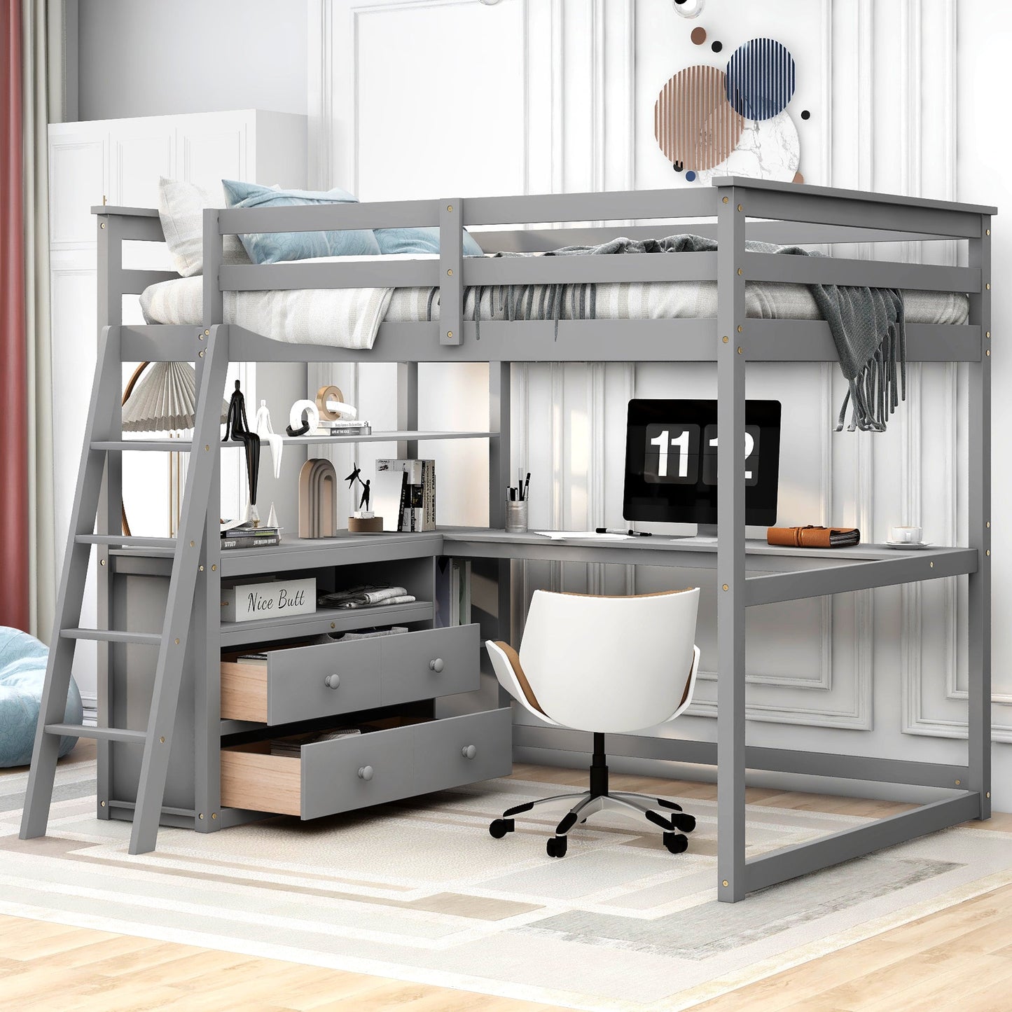 Full Size Loft Bed with Desk and Shelves - Gray