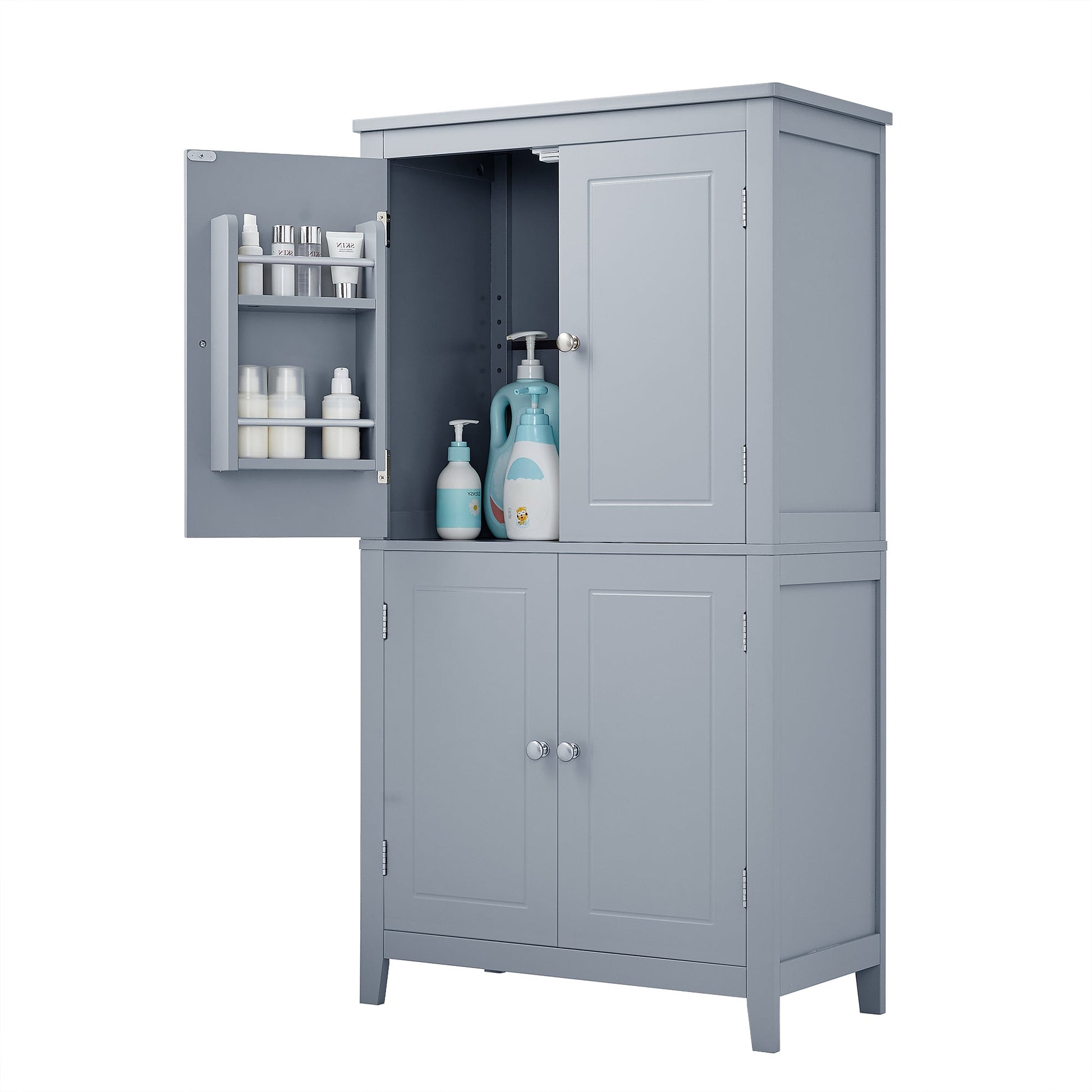 Bathroom floor storage cabinet, bathroom storage cabinet, 4-door independent cabinet, adjustable shelf, adaptive shelf, gray - Korvel