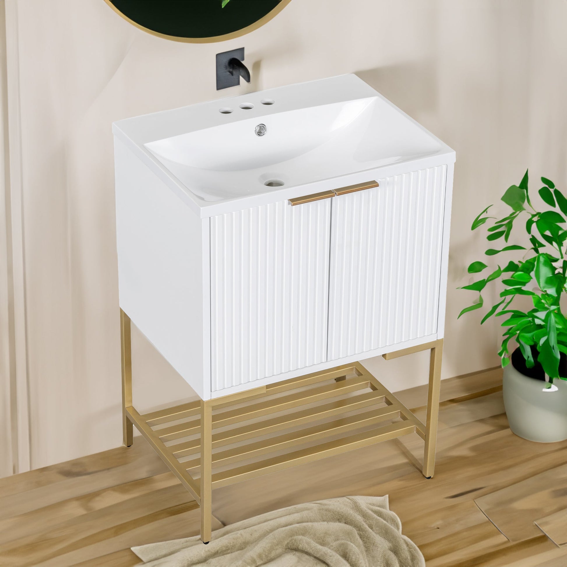 24" Bathroom Vanity with Sink, Bathroom Vanity Cabinet with Two Doors and Gold Metal Frame, Open Storage Shelf, White - Korvel
