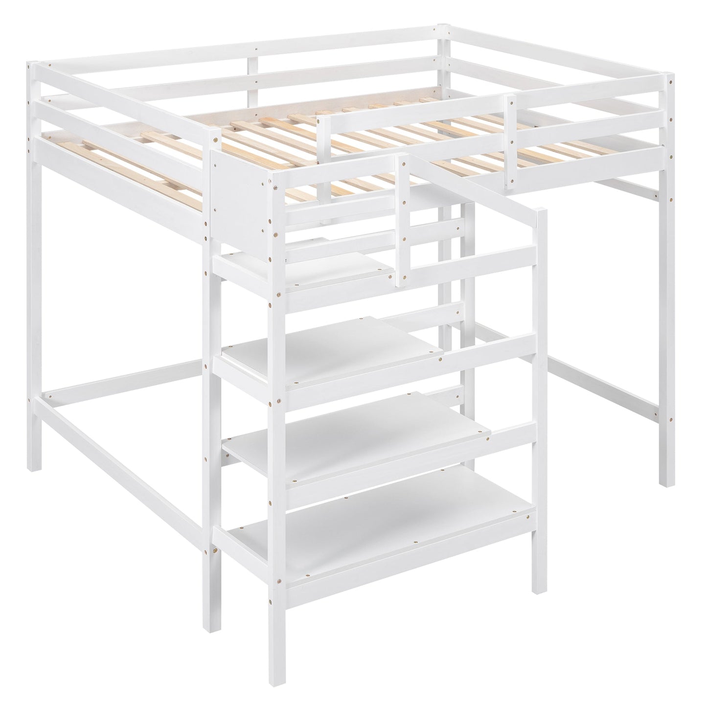 Full Size Loft Bed with Storage Staircase and Clothes Hanger - White
