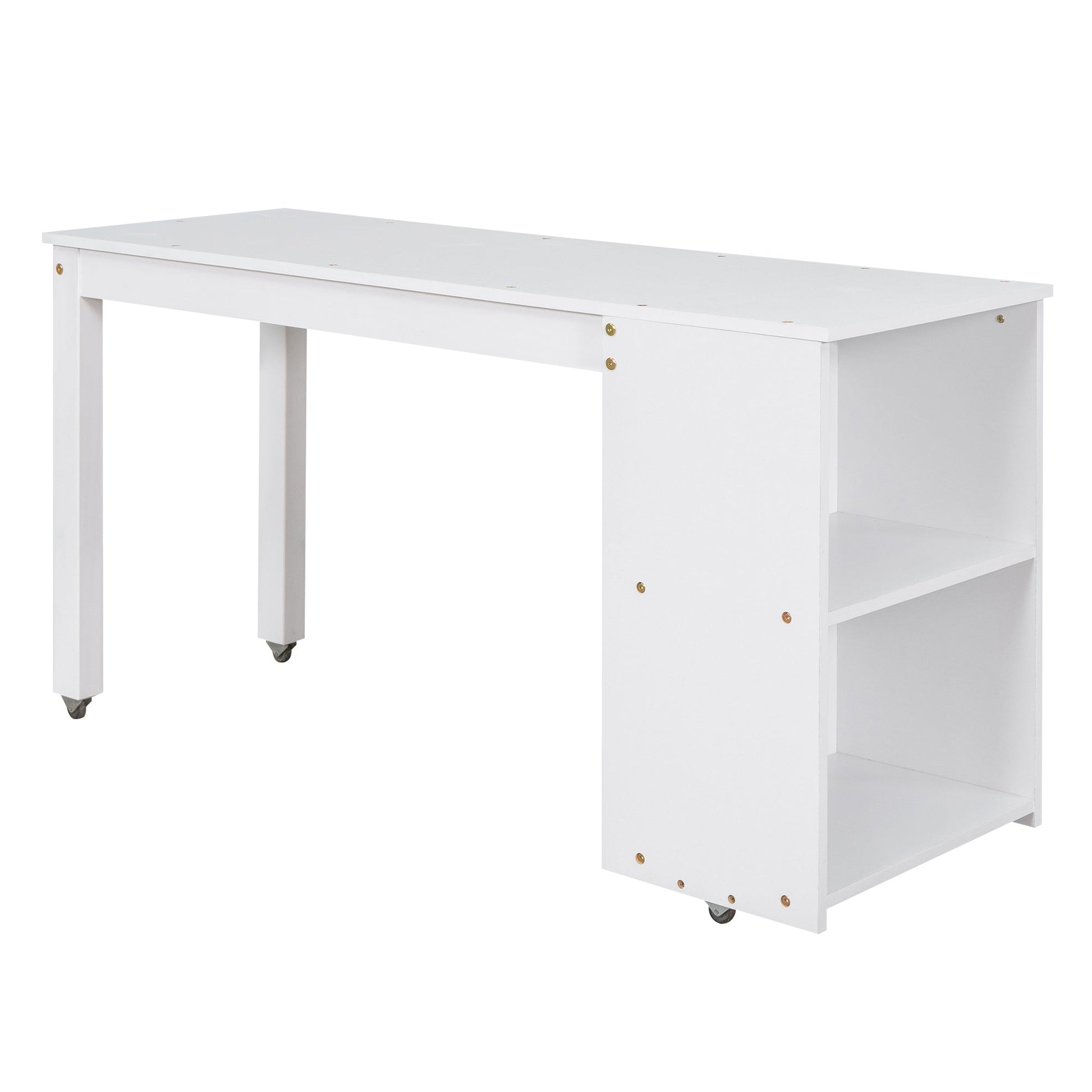 Low Study Full Loft Bed with Cabinet Shelves and Rolling Portable Desk Multiple Functions Bed- White - Korvel