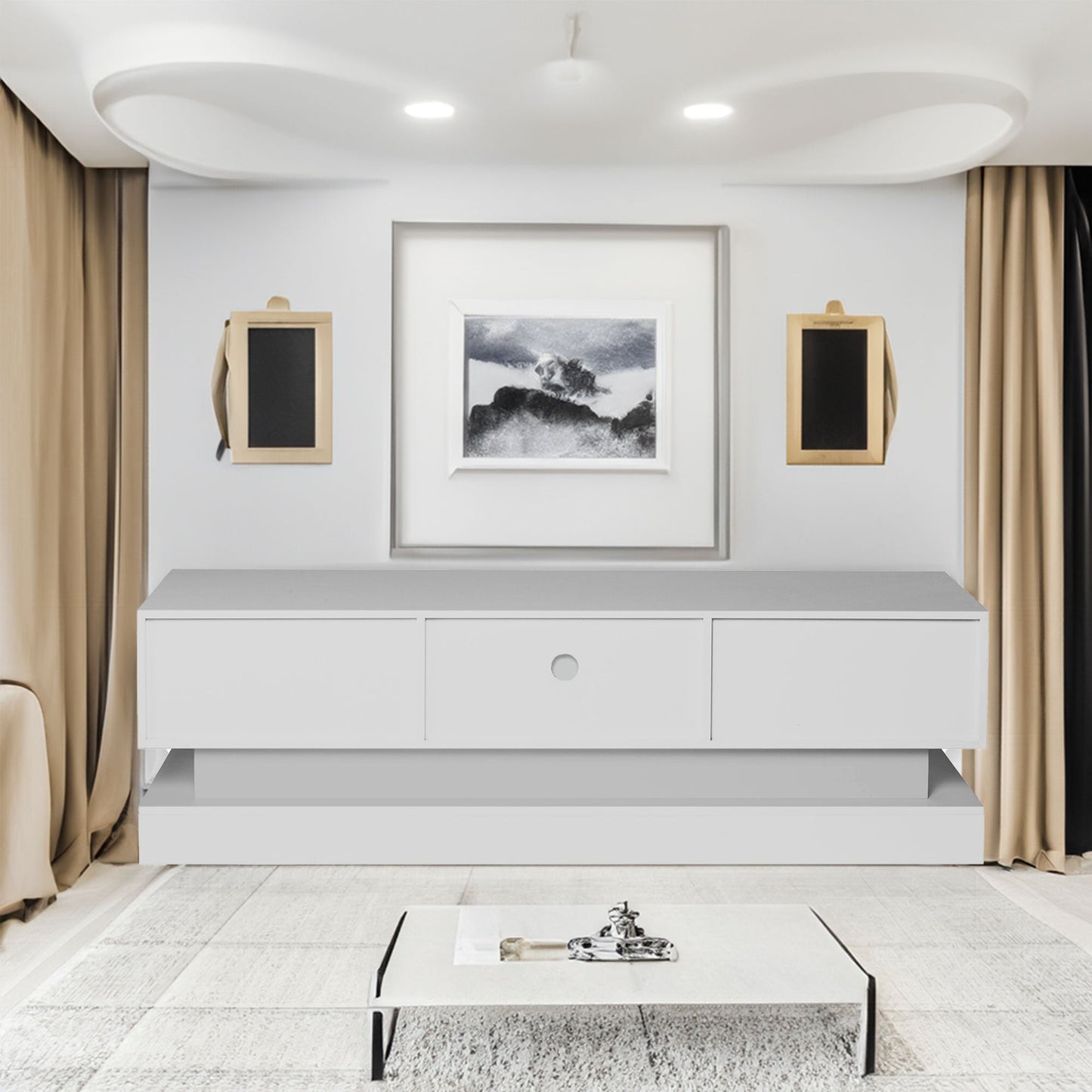51.18inch WHITE morden TV Stand with LED Lights high glossy front TV Cabinet color:WHITE - Korvel