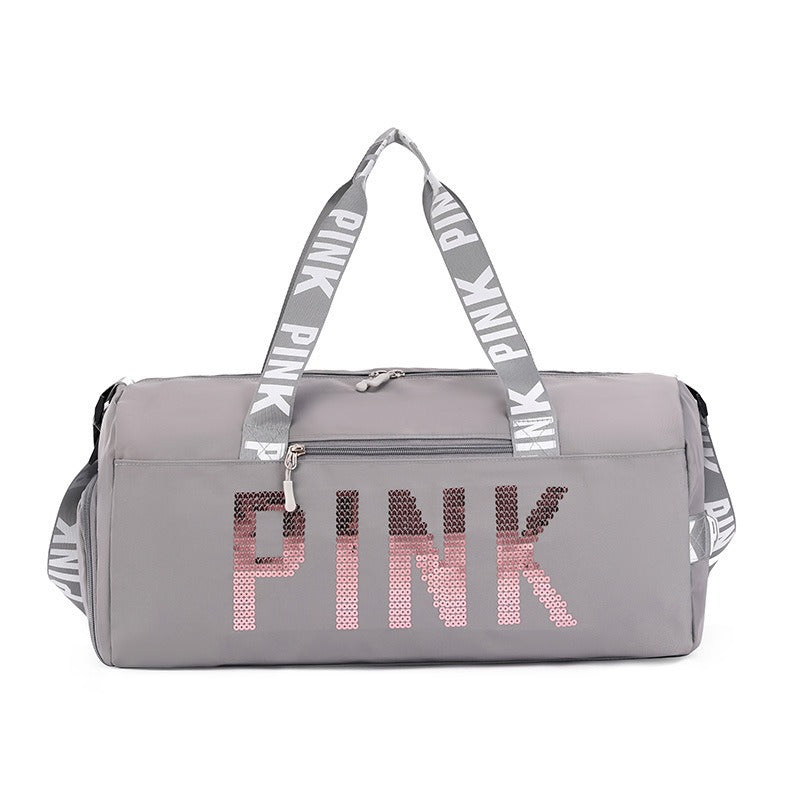 New fitness bag, shoe compartment, dry wet separation bag, sports travel bag, shiny pink letter single shoulder crossbody bag - Korvel
