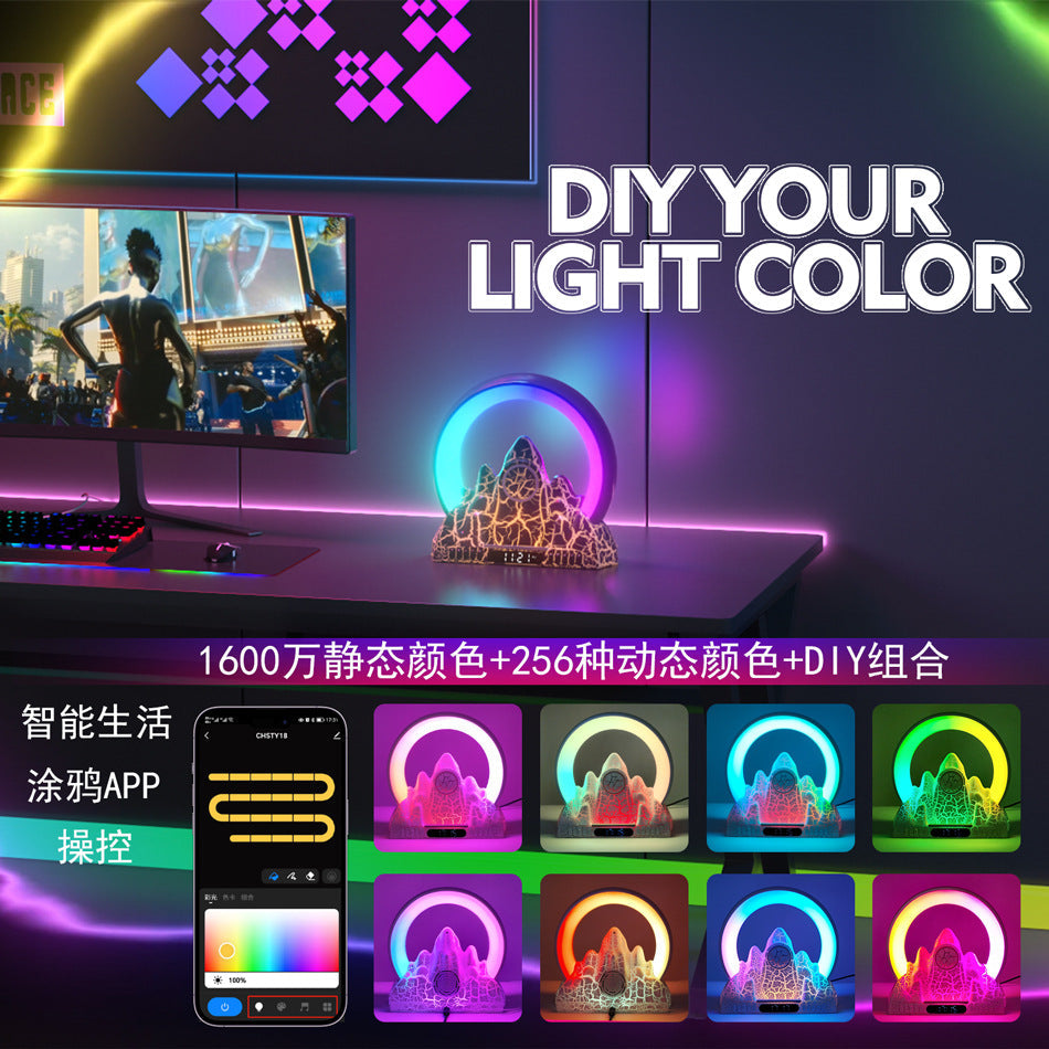Smart Tuya APP Sunrise Flame Mountain Alarm Clock Night Lights 15W Wireless Charing BT Speaker White Noise LED Table Lamp - Korvel