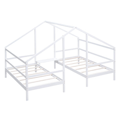 Double Twin Size Triangular House Bed with Built-in Table - White