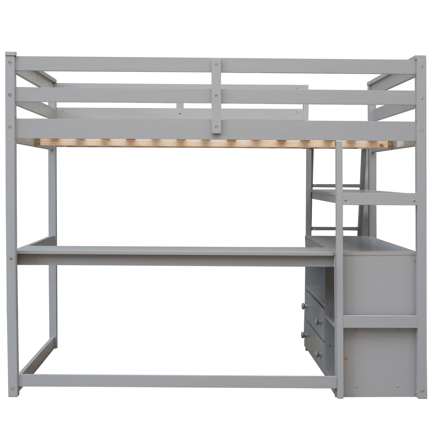 Full Size Loft Bed with Desk and Shelves - Gray