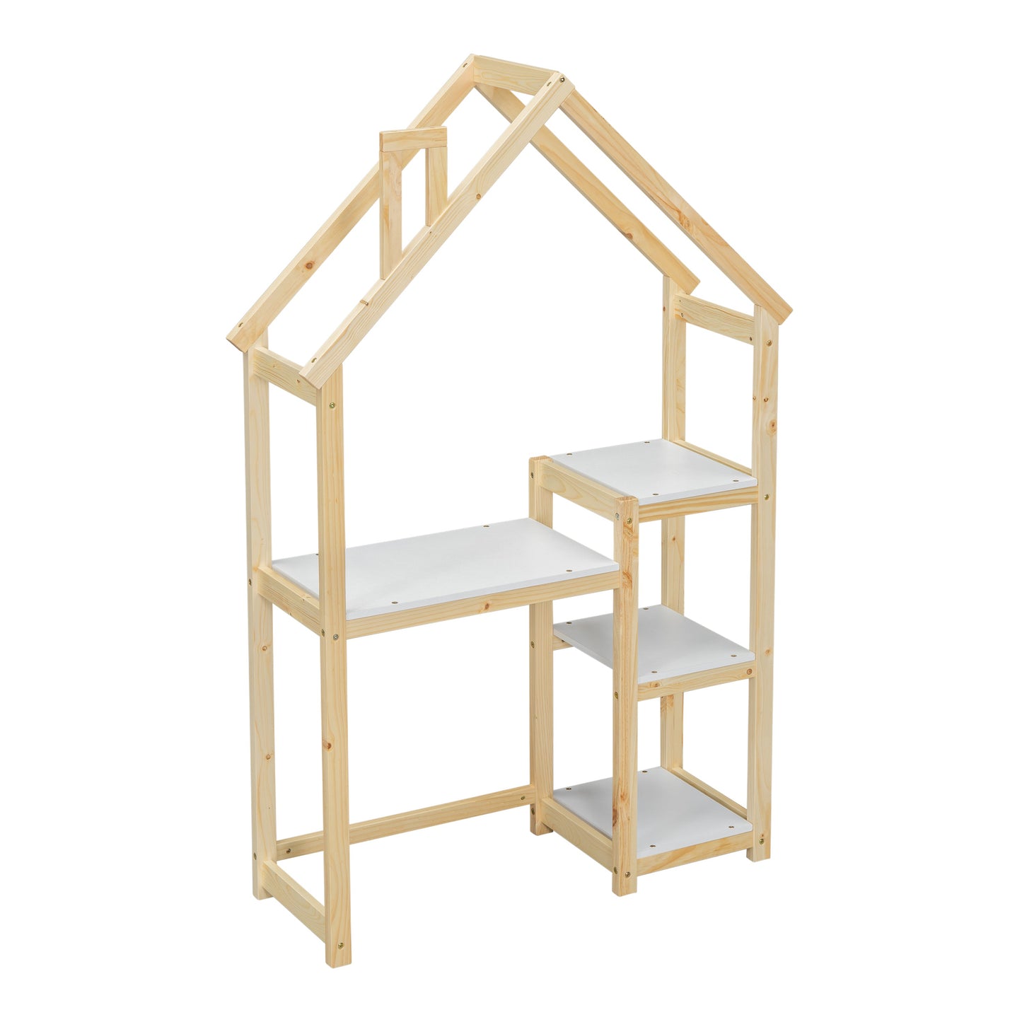 House-shaped Wooden writing Desk Kids study Table Bookshelf & Toy Storage Natural - Korvel