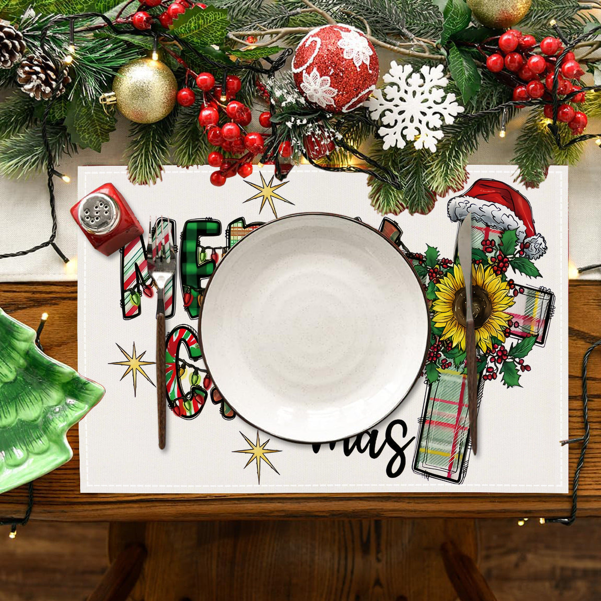Mantel de mesa de lino impreso con calavera navideña y taza de té con leche