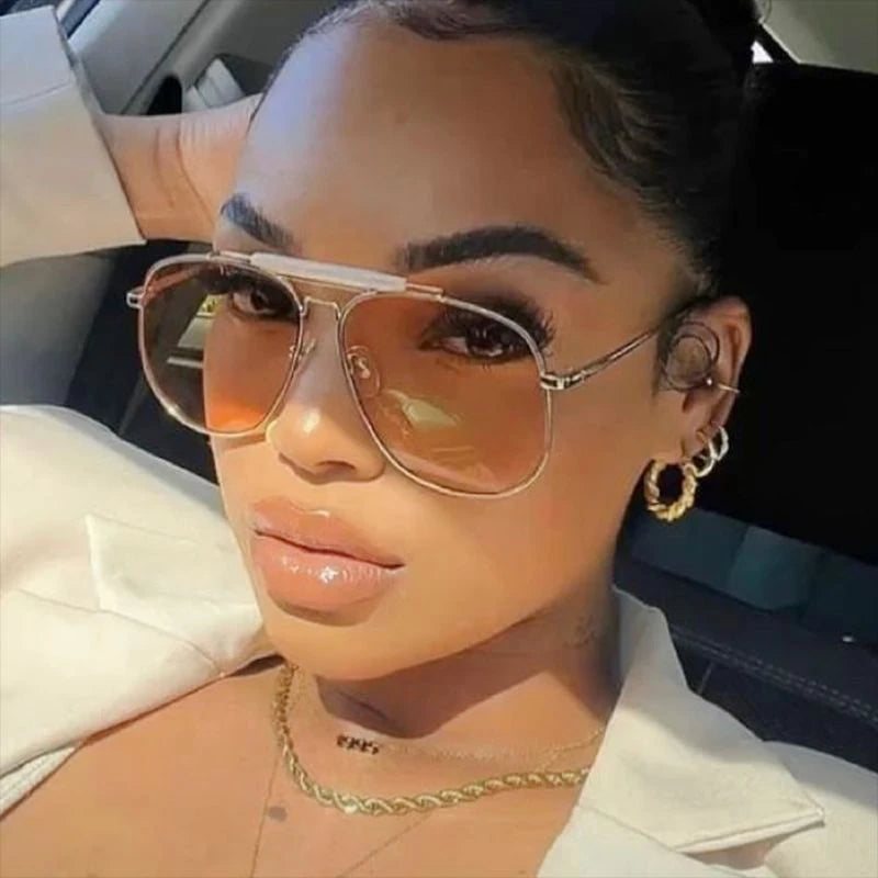 Metal Frame Pilot Sunglasses For Women Double Bridge Champagne Sun Glasses Woman Luxury Square Clear Oversize Shades - Korvel
