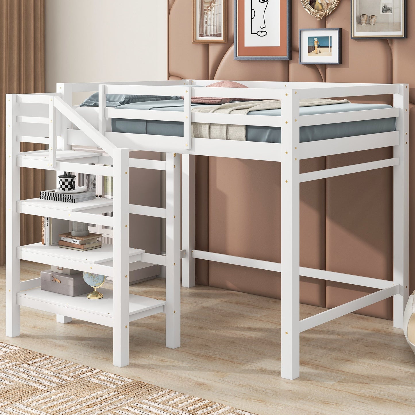 Full Size Loft Bed with Storage Staircase and Clothes Hanger - White