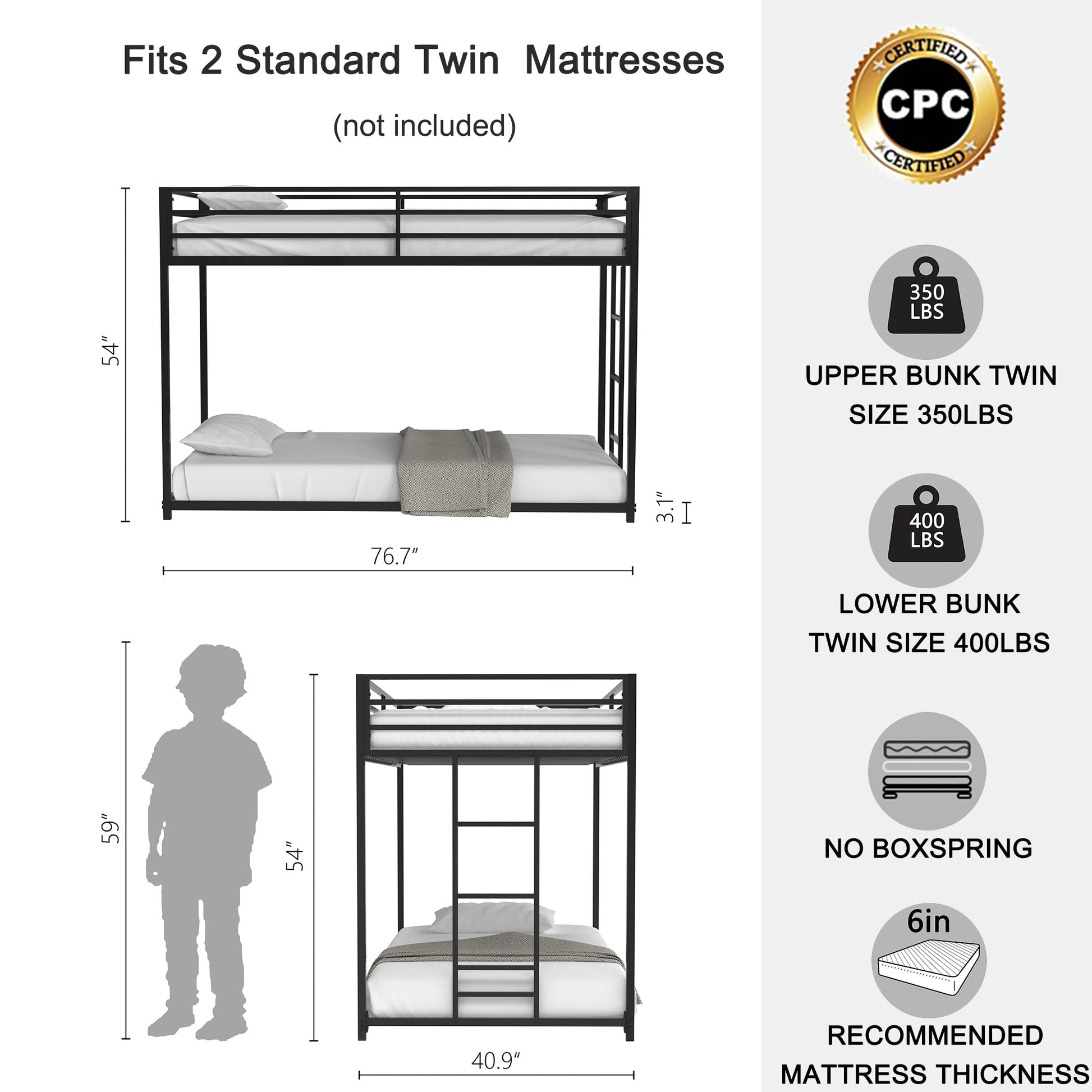 Adam Twin over Twin Metal Bunk, Black - Korvel