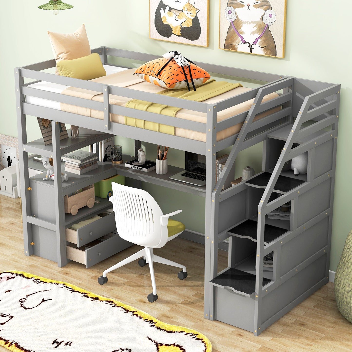 Twin Size Loft Bed with Desk and Shelves Two Built-in Drawers, Storage Staircase Gray - Korvel