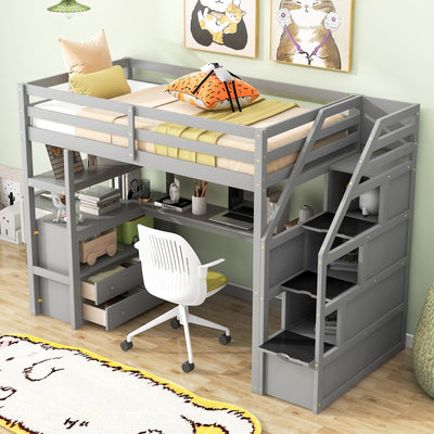 Twin Size Loft Bed with Desk and Shelves Two Built-in Drawers, Storage Staircase Gray - Korvel
