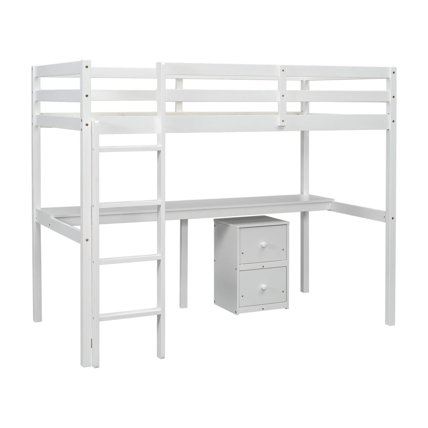 Twin Loft Wood Bed with Under-bed, Built-in Desk, a Storage Cabinet of 2 Drawers, Guardrails, Ladder,White - Korvel