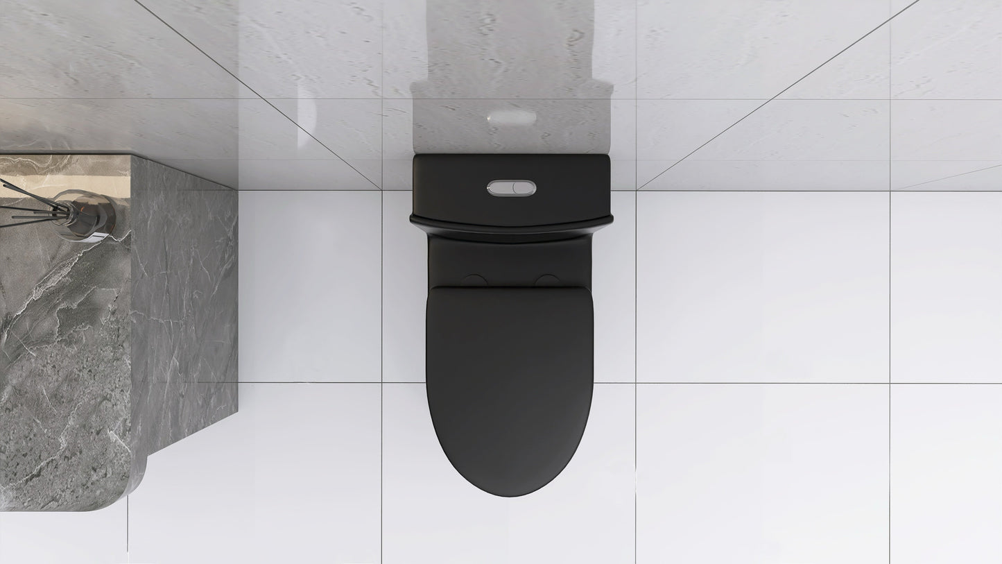 Matte Black Elongated One Piece Toilet Dual Flush 1.1/1.6 GPF Water Saving Map 1000g,Matte Black - Korvel