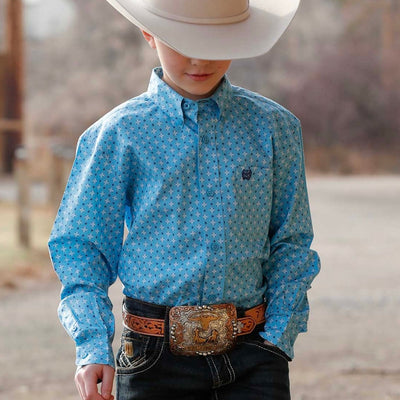 Cinch Boys' Long Sleeve Button-Up Shirt with Blue Star Print - Korvel