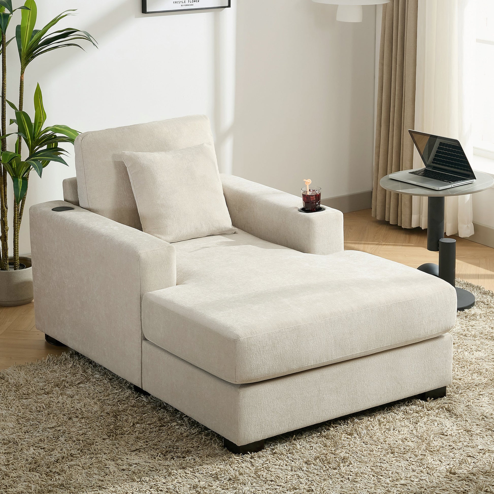 39.7" Oversized Chaise Lounger Modern Style Sofa Couch ,with Pillows, Charge Station & Cup Holders, Chenille Fabric, Cream - Korvel