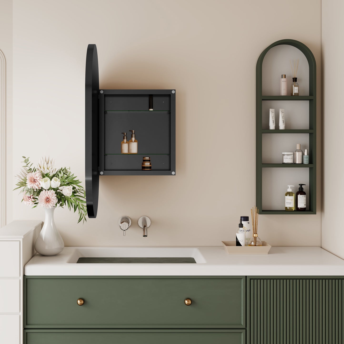 Matte Black Oval Embedded Medicine Cabinet with Mirror
