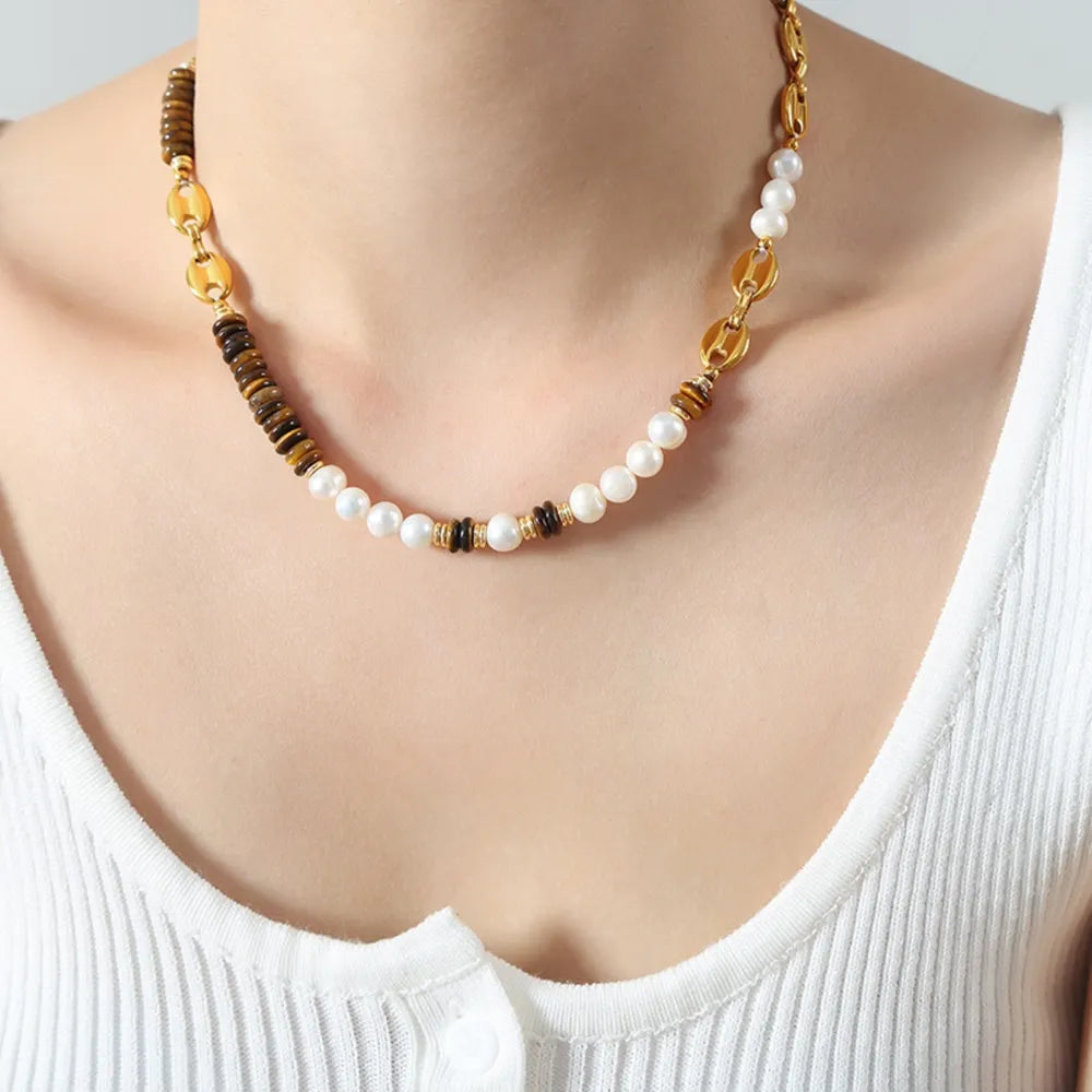 Versatile Light Luxury Titanium Steel Freshwater Pearl Tiger Eye Stone Pig Nose Chain Necklace Jewelry for Women - Korvel